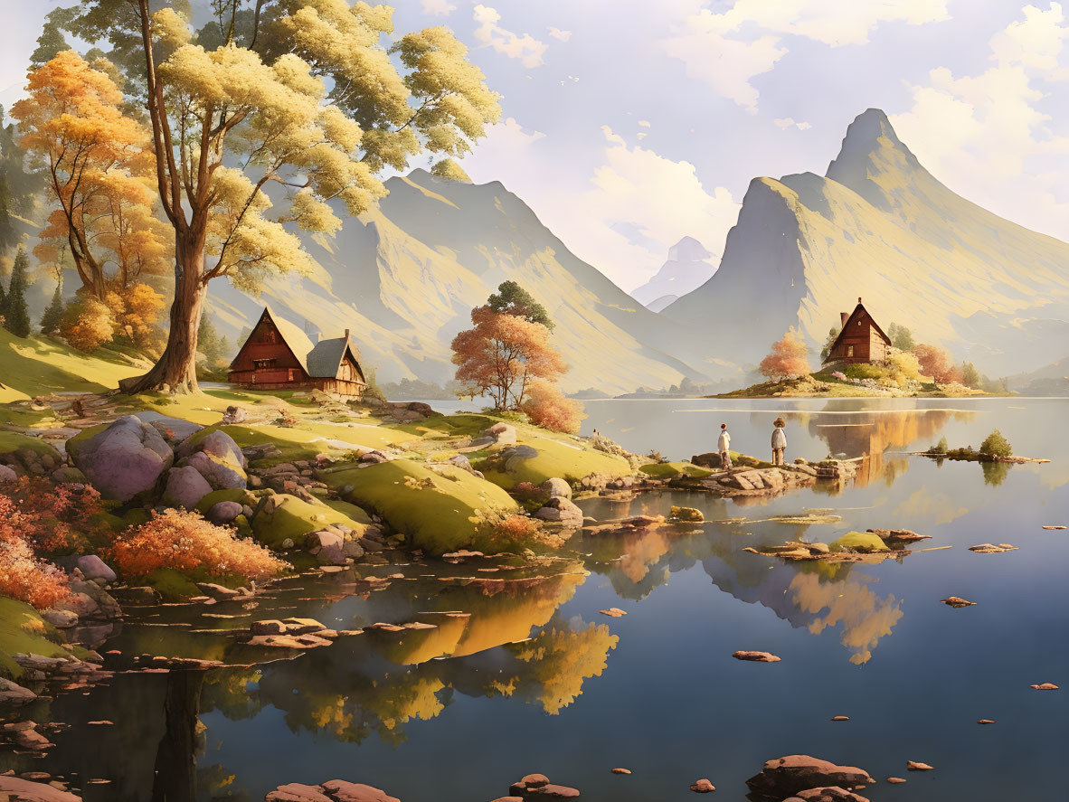 Tranquil autumnal landscape with houses, lake, mountains, and figures