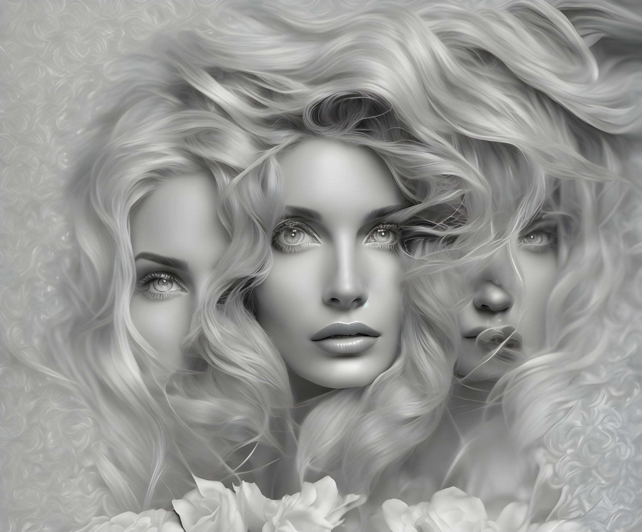 Photorealistic grayscale portraits of women with curly hair and floral surroundings