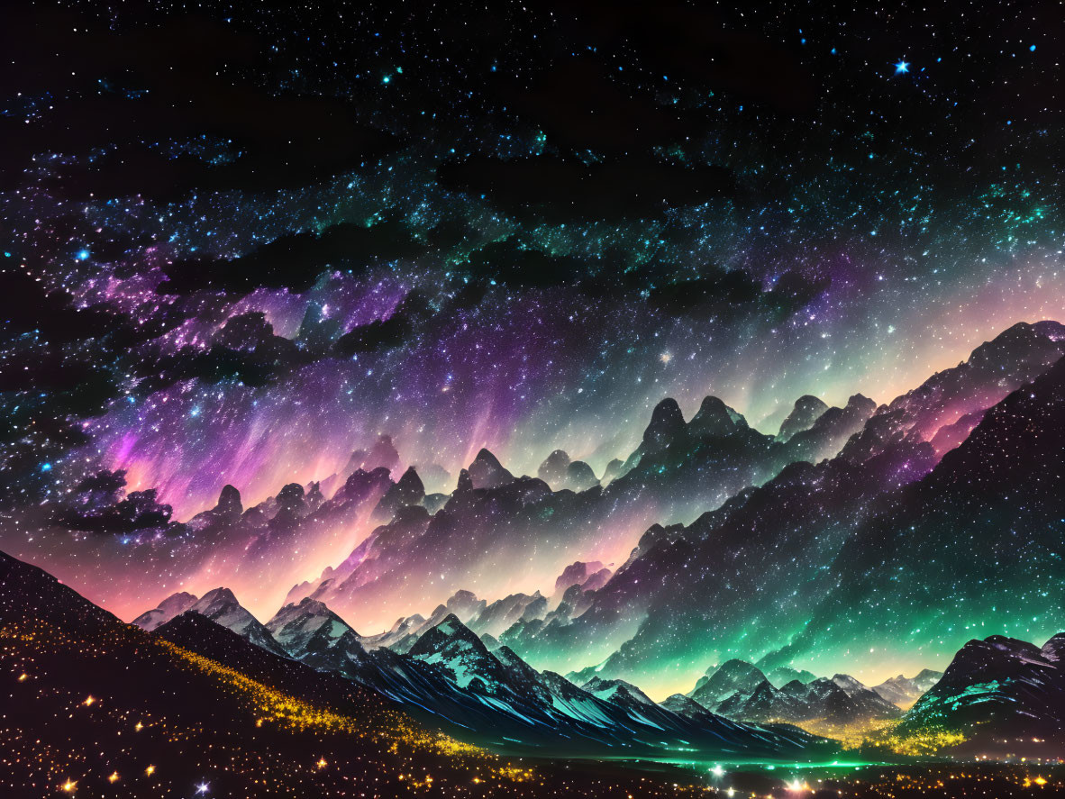 Colorful Aurora Borealis Illuminates Mountain Peaks at Night