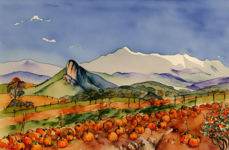 Serene Watercolor Landscape of Pumpkin Patch & Scenic Nature