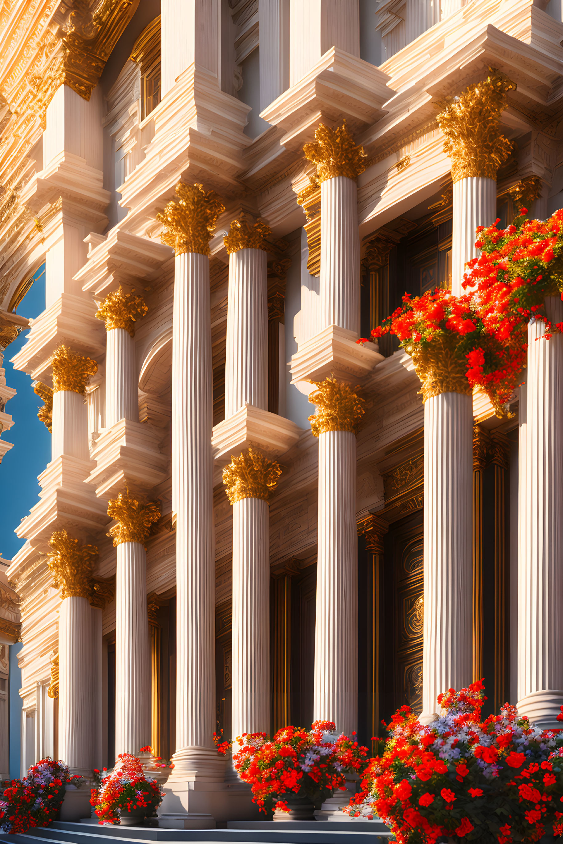 Corinthian Columns and Red Flowers in Classical Architecture