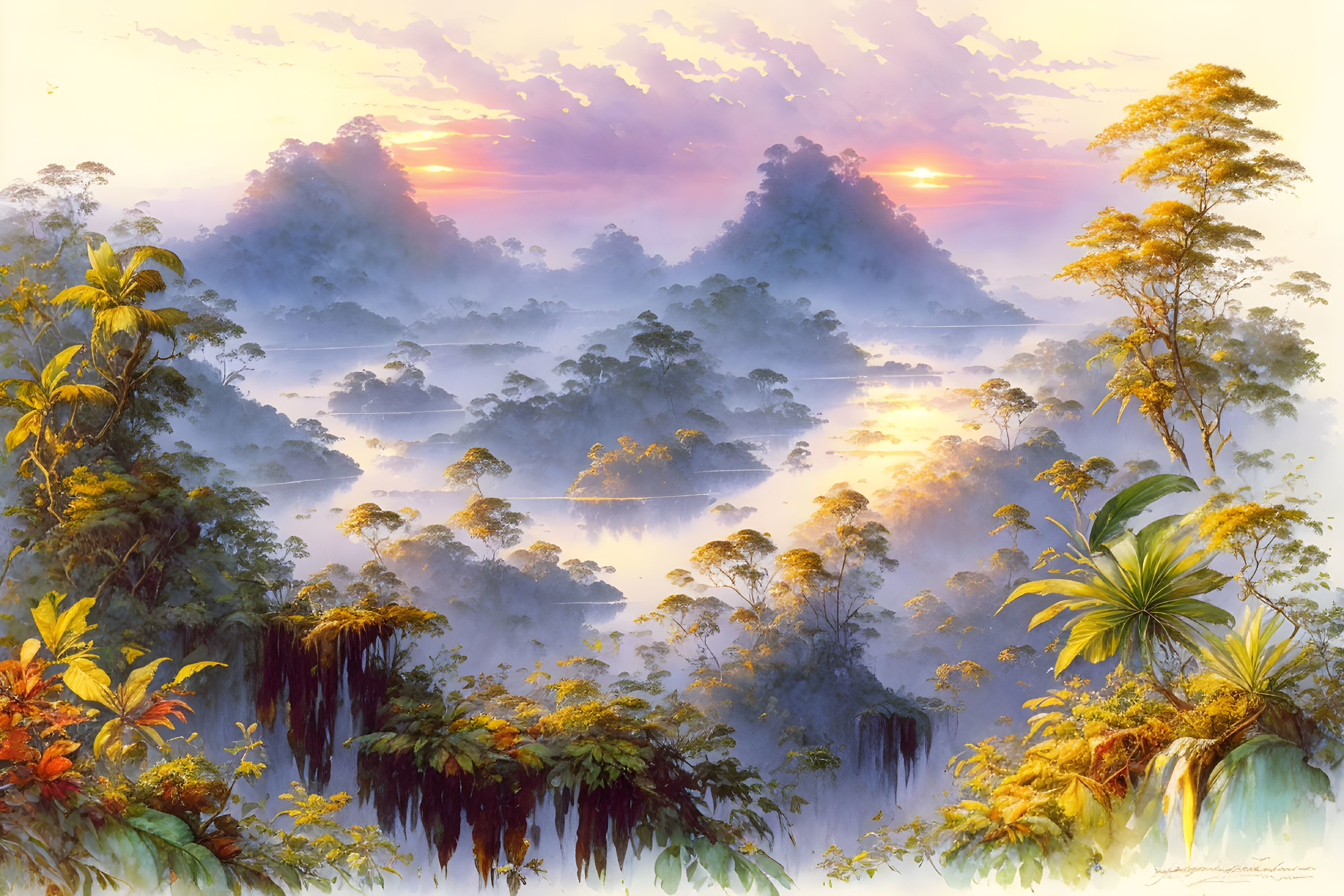 Tranquil sunrise over misty tropical rainforest with lush greenery