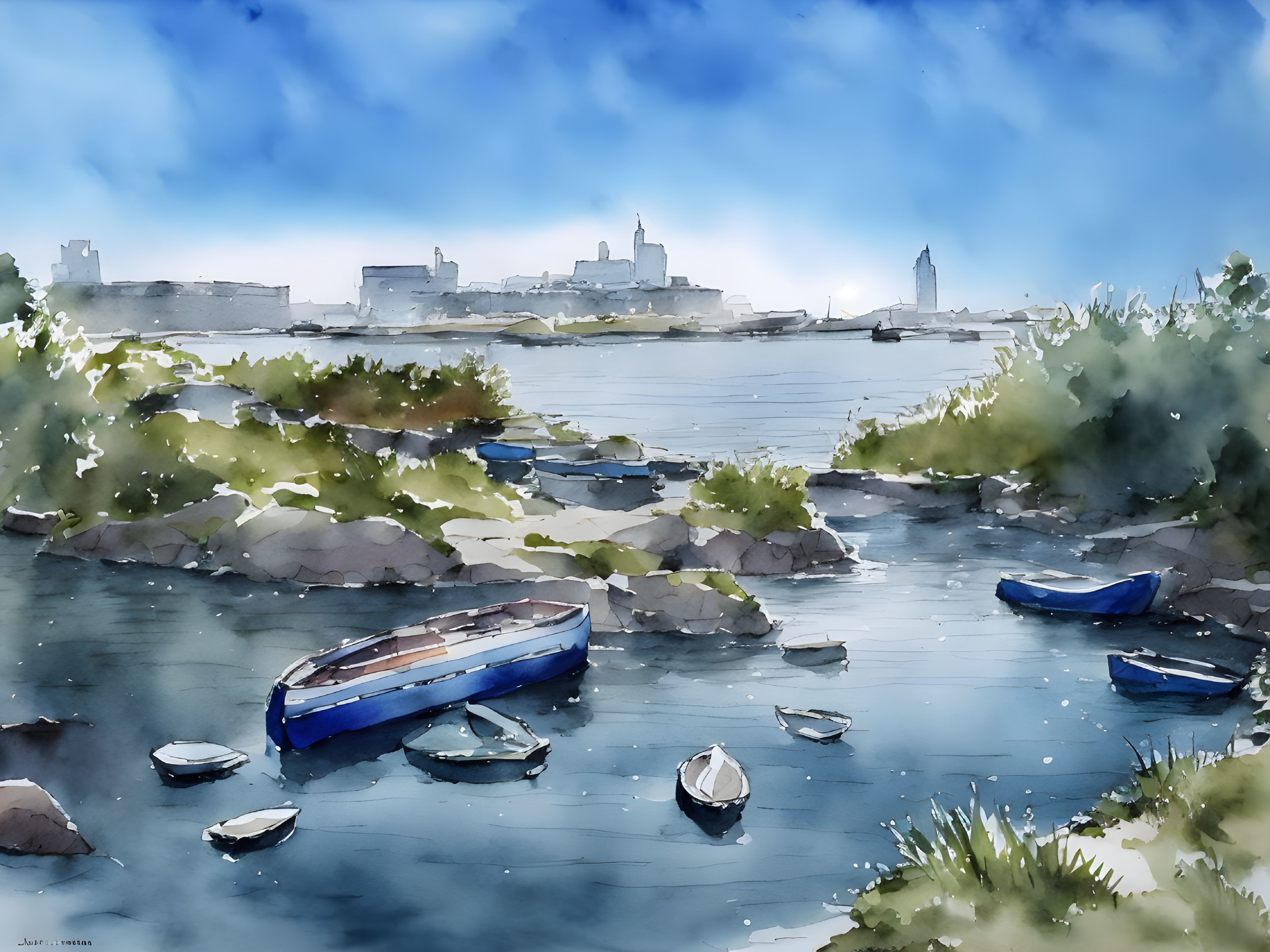 Serene river scene with boats, rocks, and city skyline in watercolor