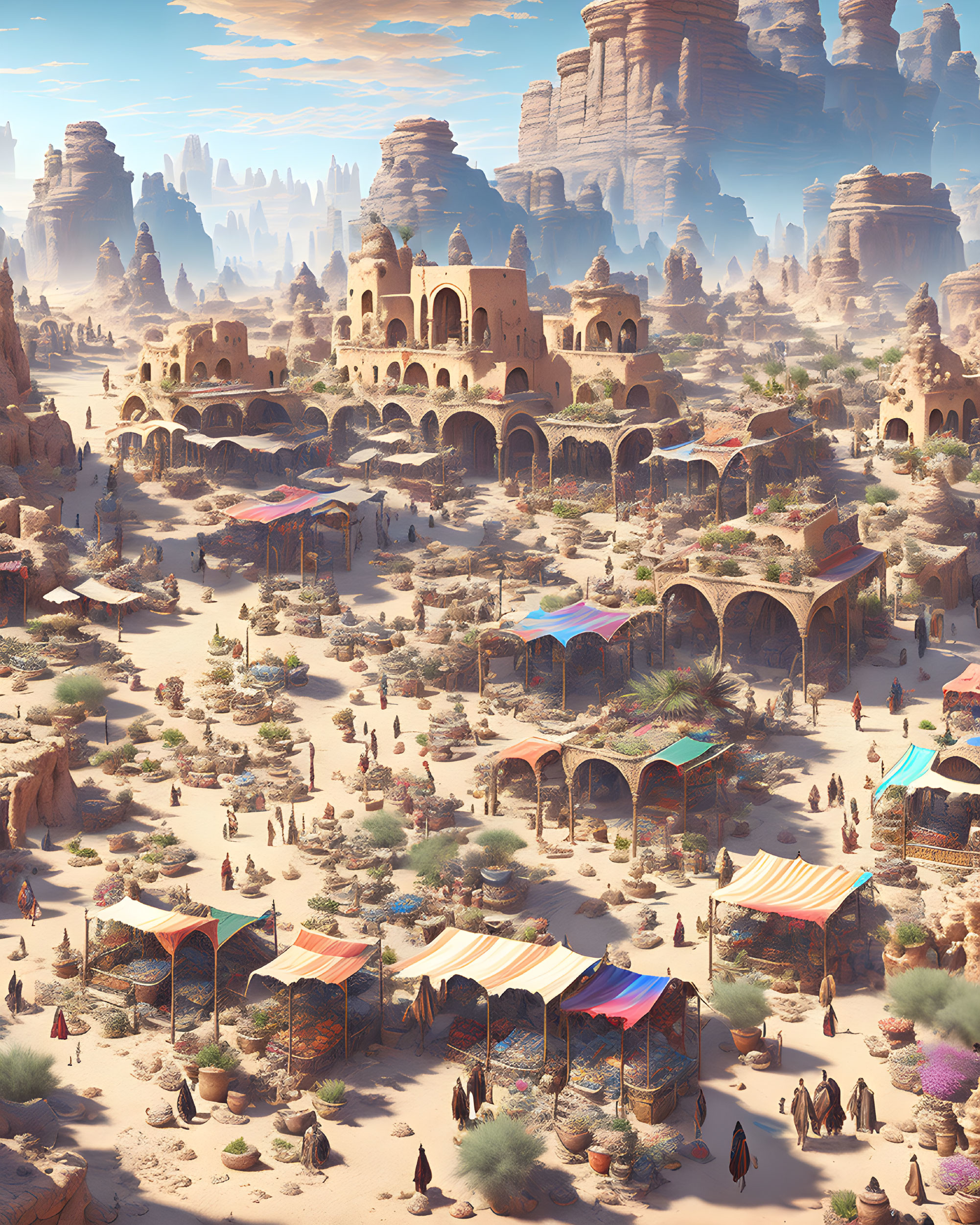 Fantasy desert marketplace with adobe structures and vibrant stalls