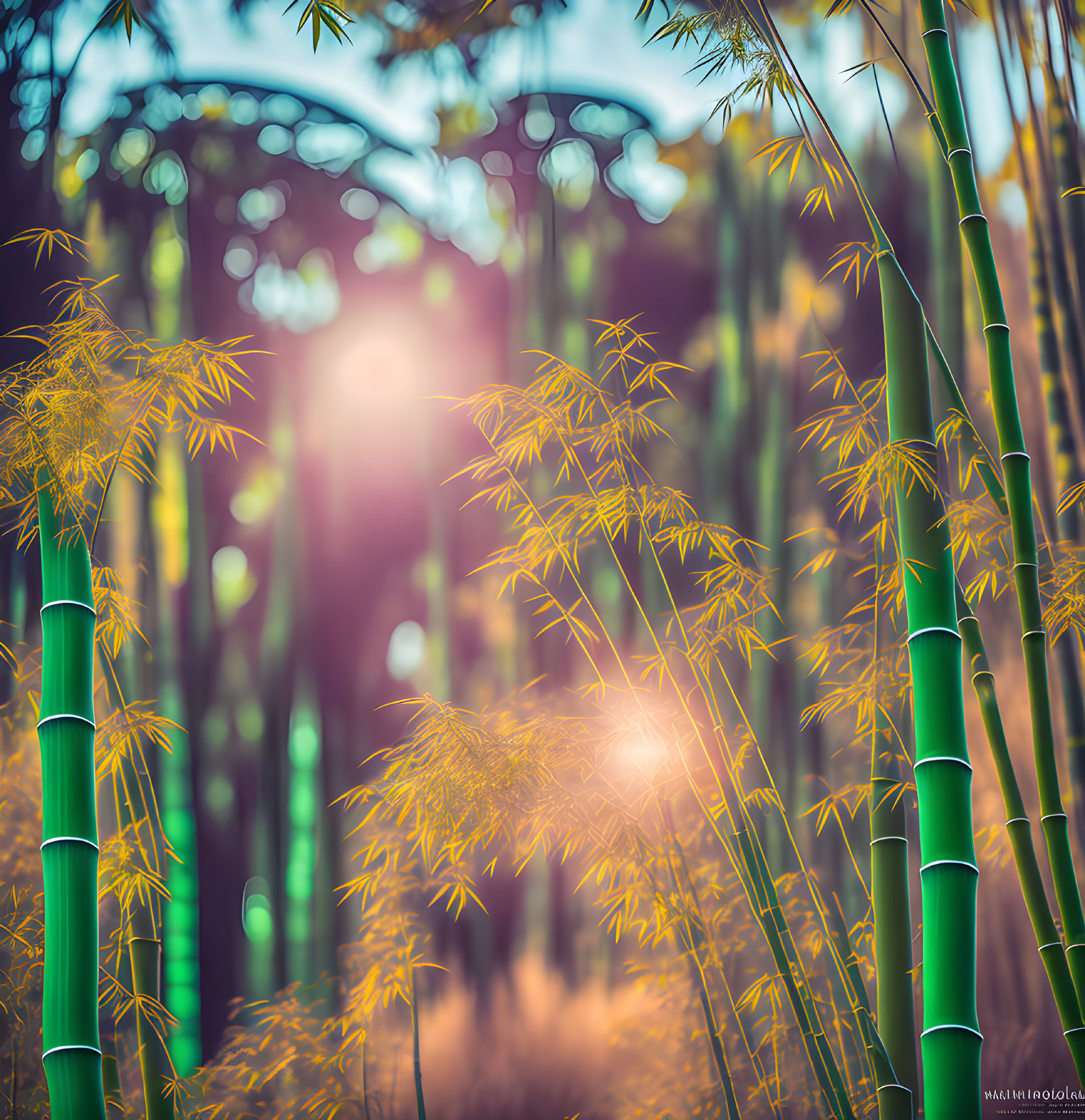 Sunlit bamboo grove with green stems and leaves.