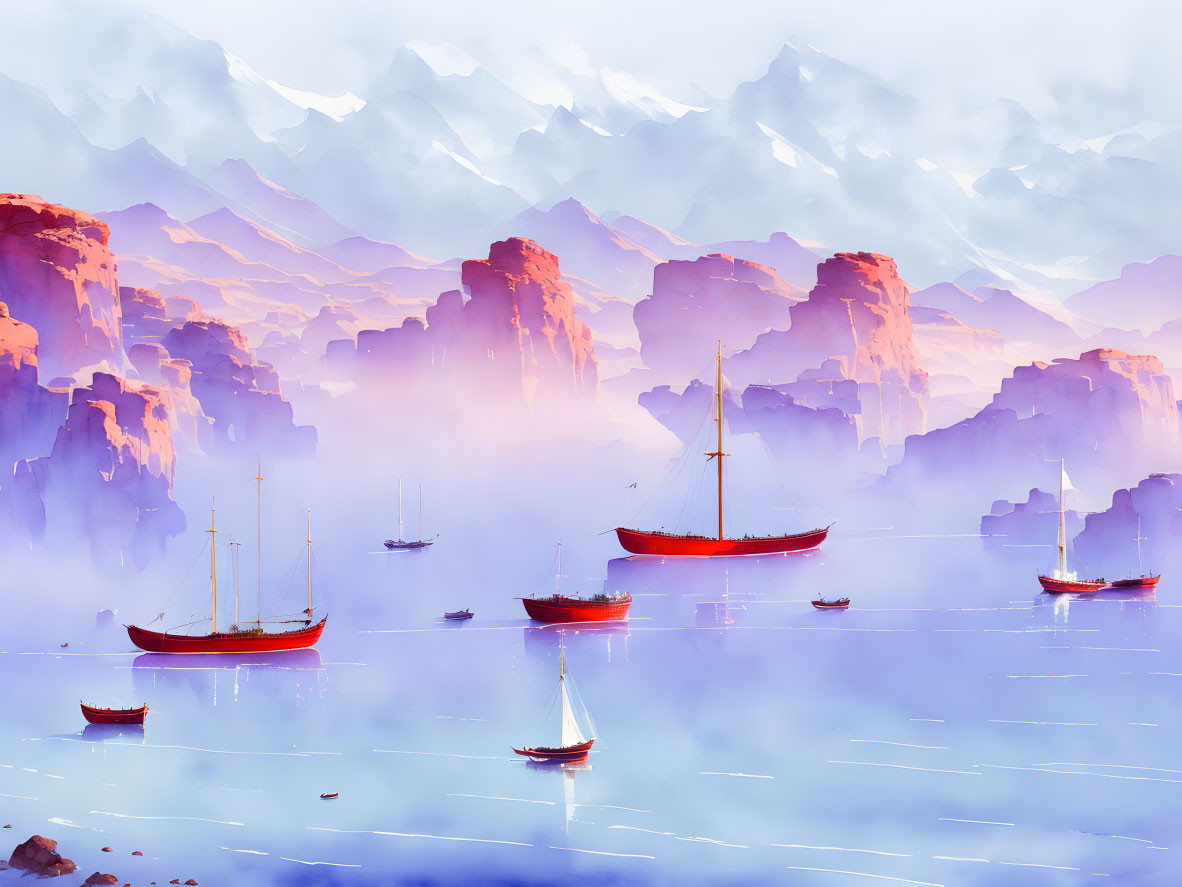 Tranquil landscape: red sailboats, misty cliffs, purple sky