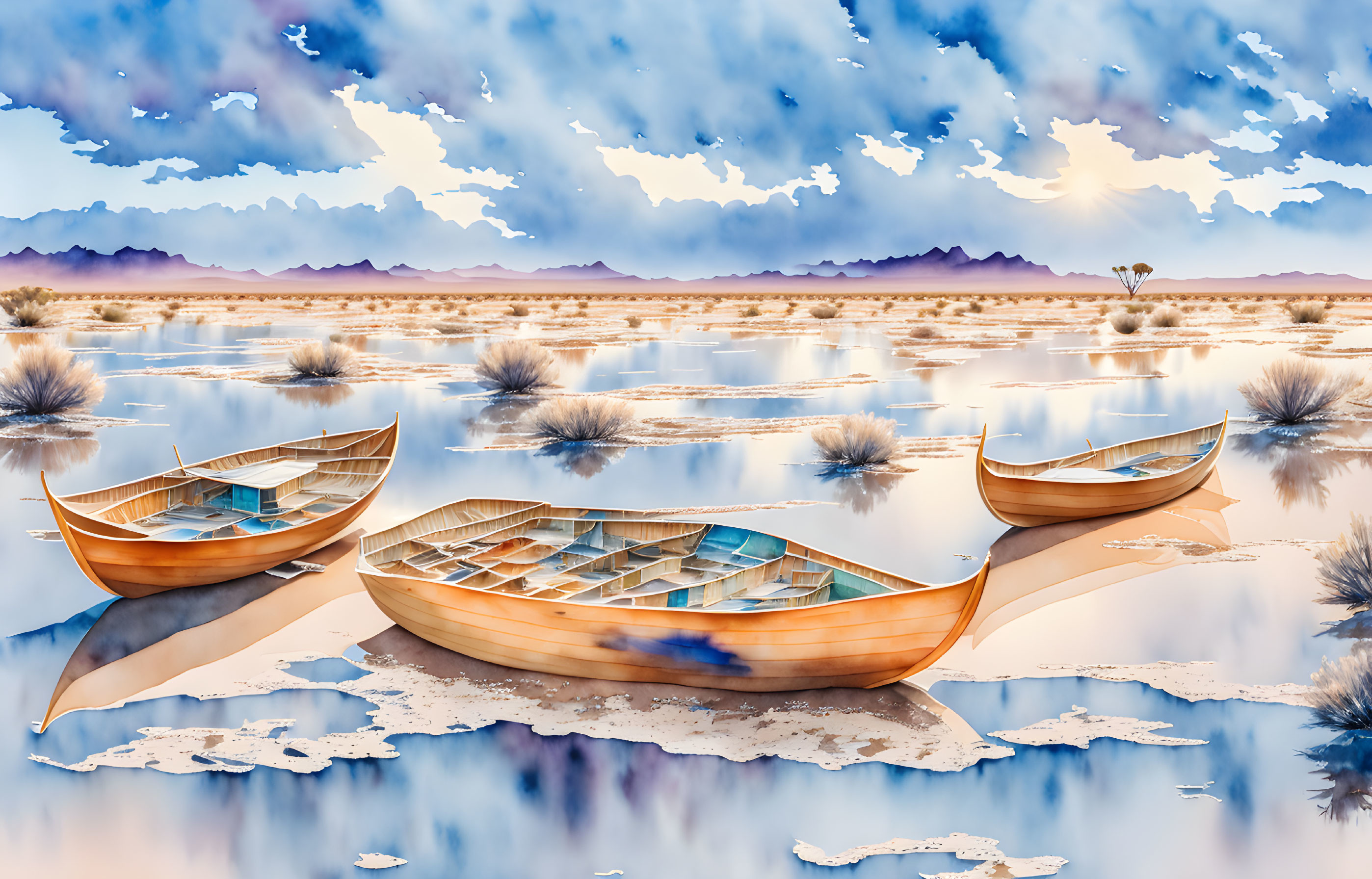 Wooden Boats on Reflective Water Surface in Salt Flat with Cloudy Sky