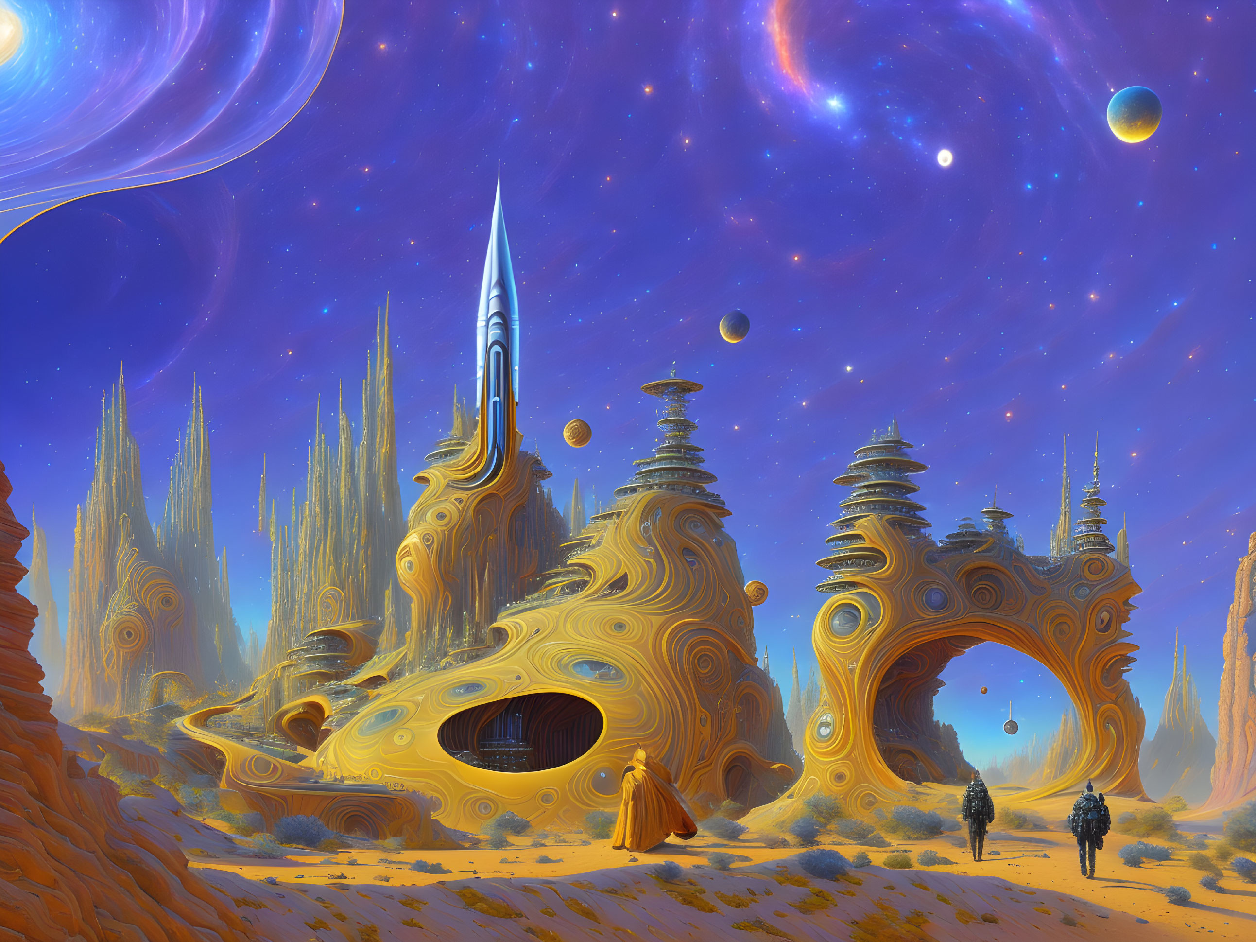 Futuristic sci-fi landscape with swirling structures and planets above desert terrain