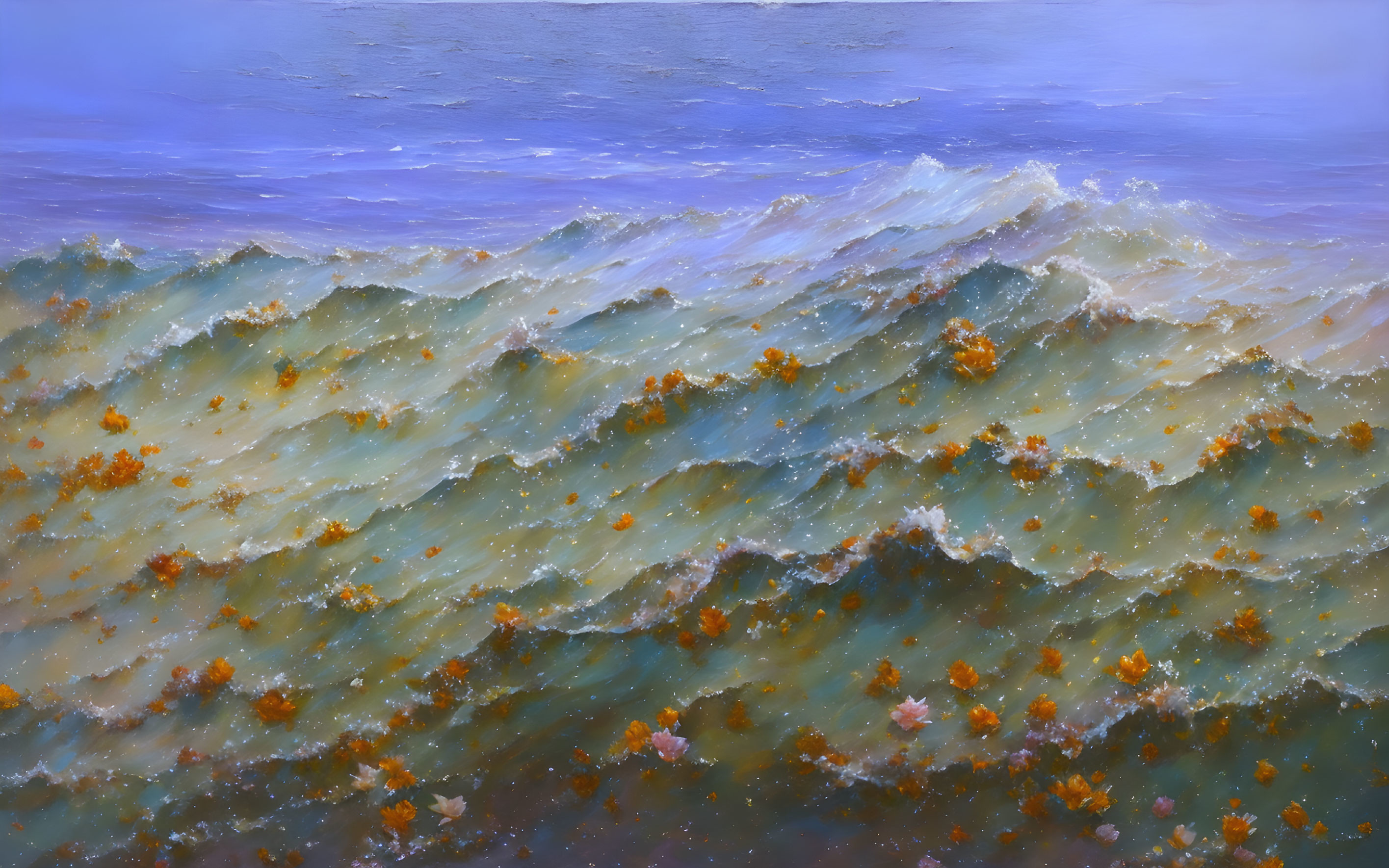 Ocean painting: Waves with orange flowers under a blue sky