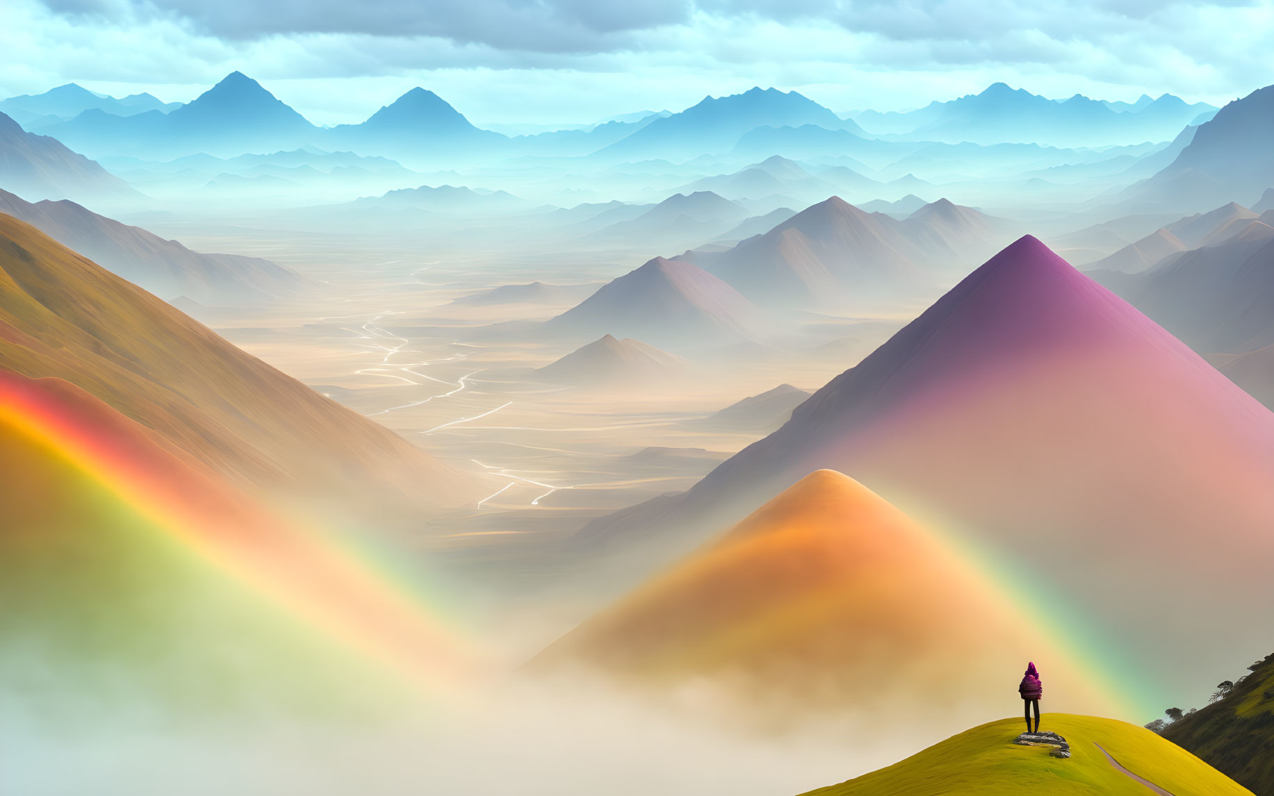 Person on hill with vivid double rainbow over misty mountains & winding paths in valley under dreamy sky