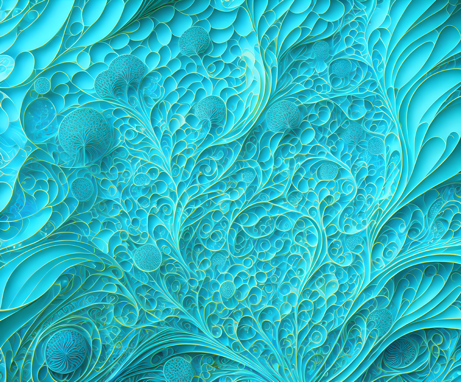 Detailed Aqua Fractal Design with Swirling Patterns and Spherical Shapes