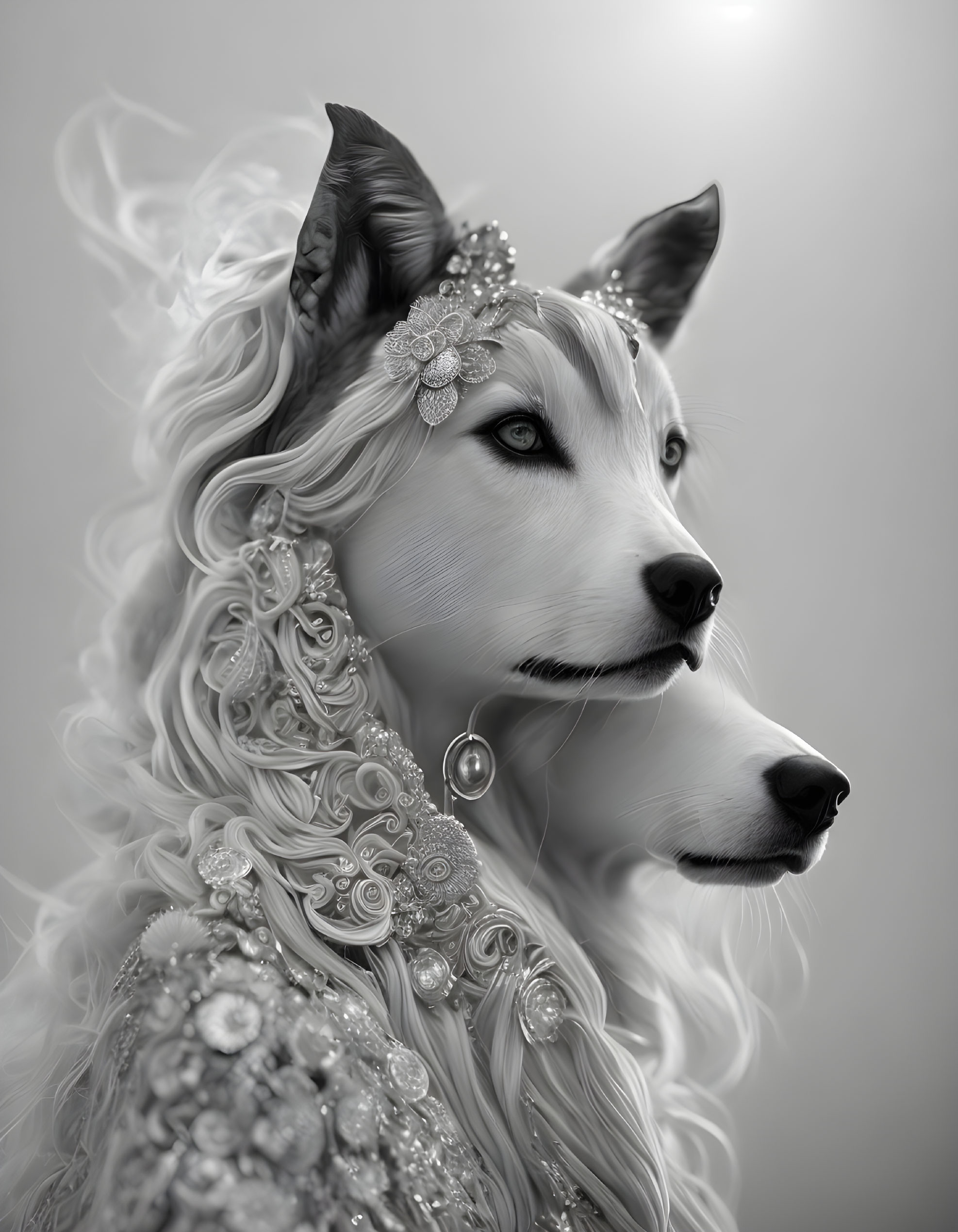 Regal anthropomorphic canine adorned with ornate jewelry