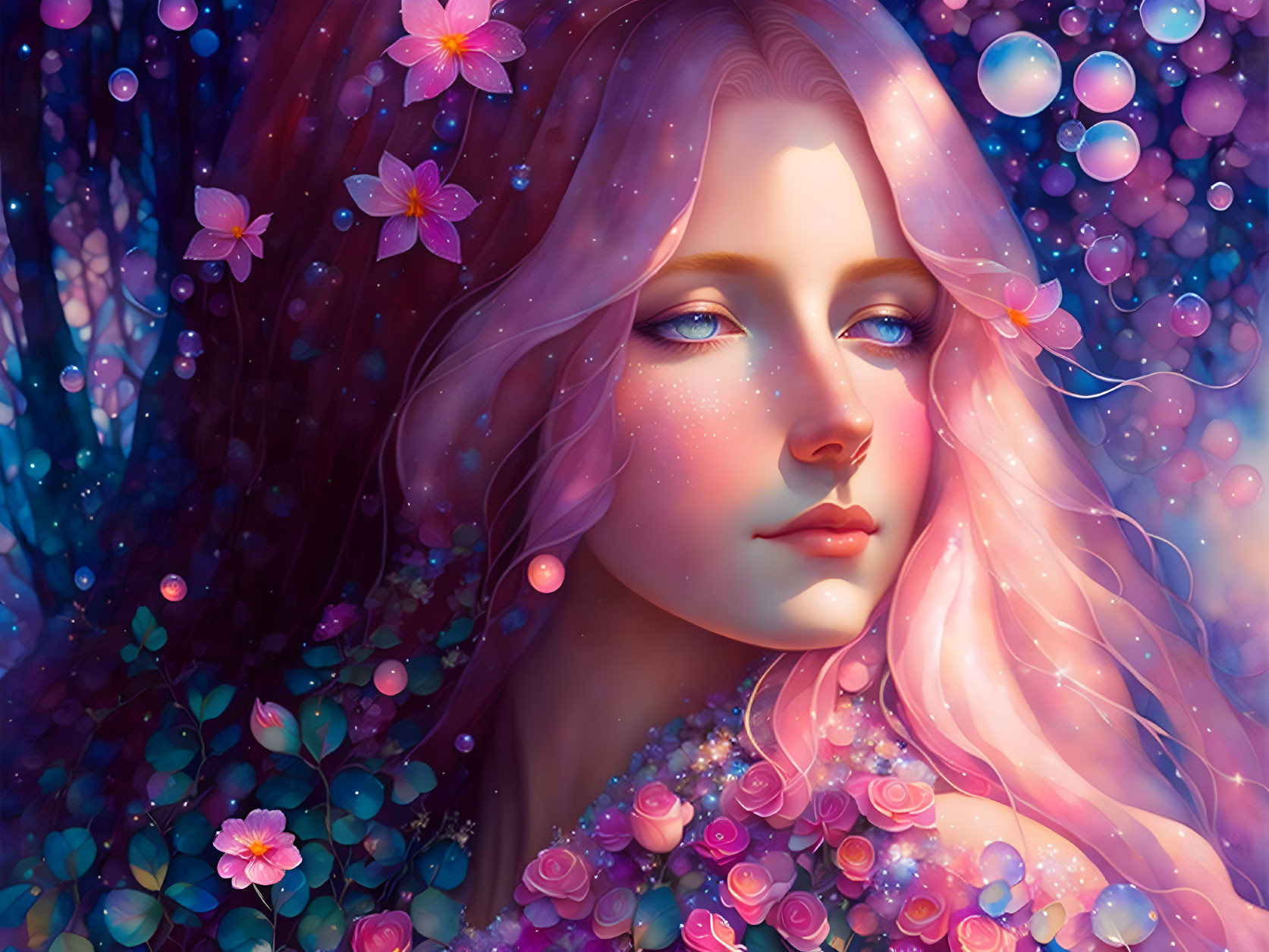 Illustration of woman with pink hair in floral, magical setting