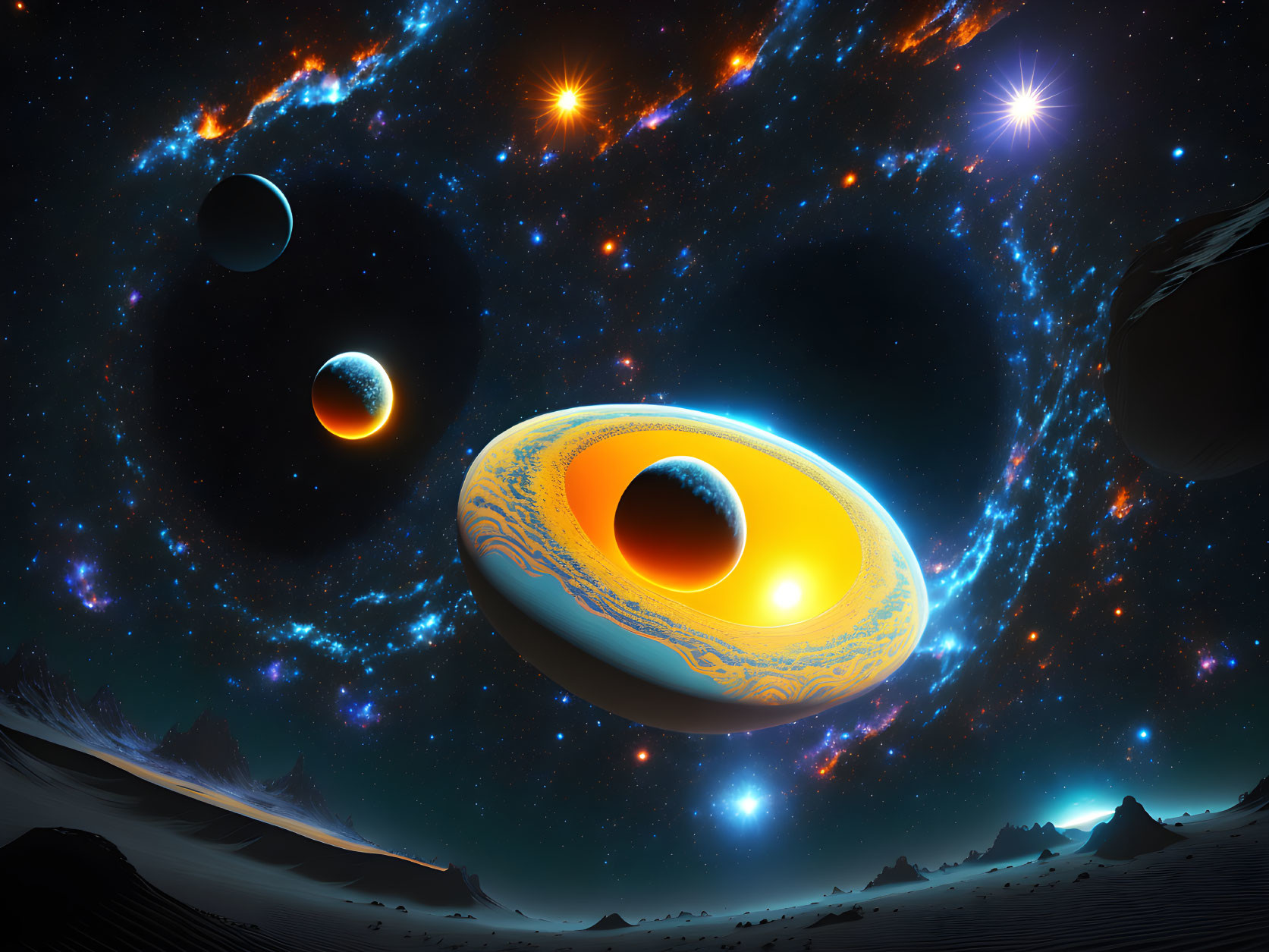 Ringed Planet and Moons in Cosmic Scene on Alien Surface