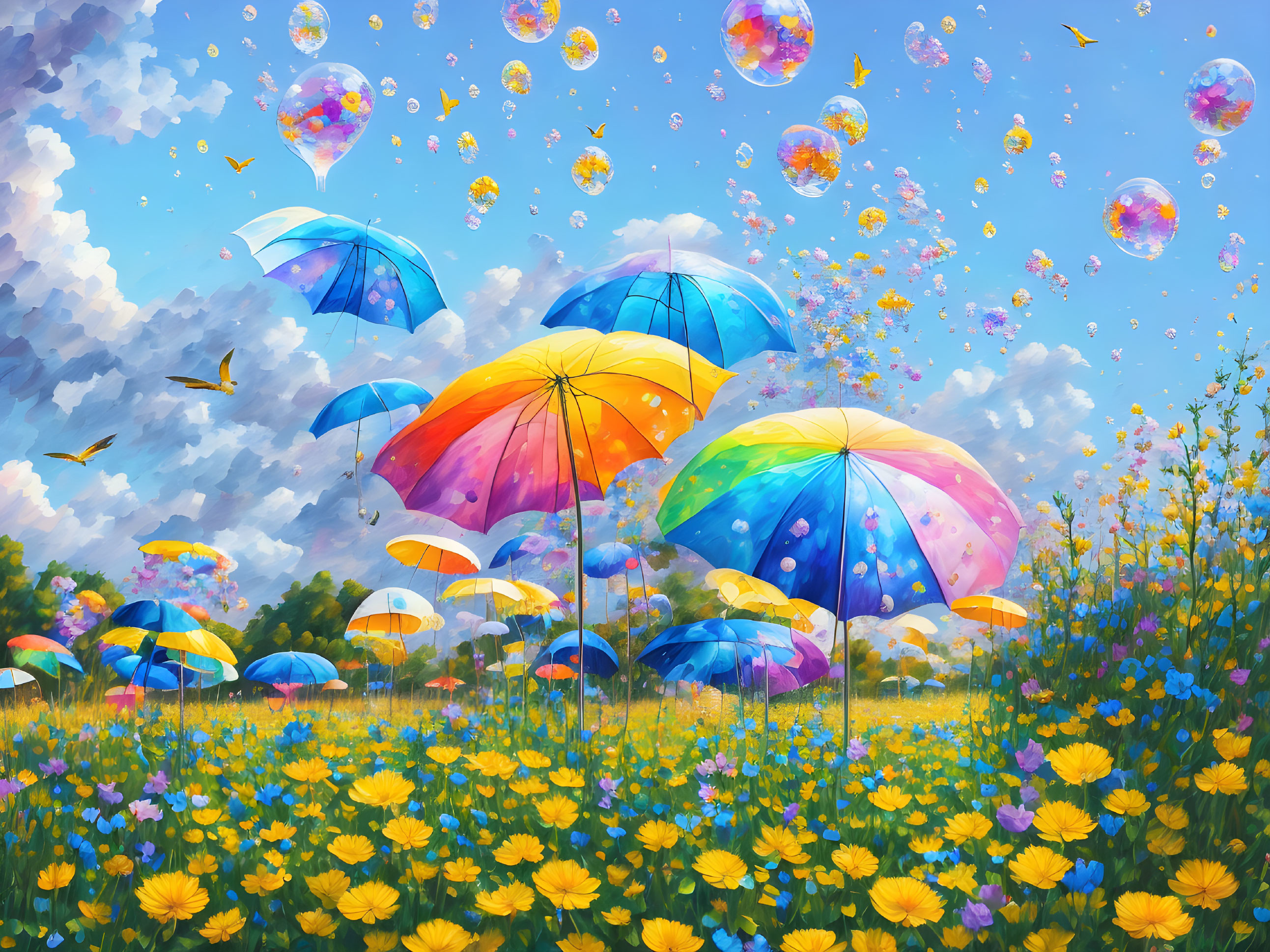 Vibrant umbrellas over yellow flower field with bubbles and birds