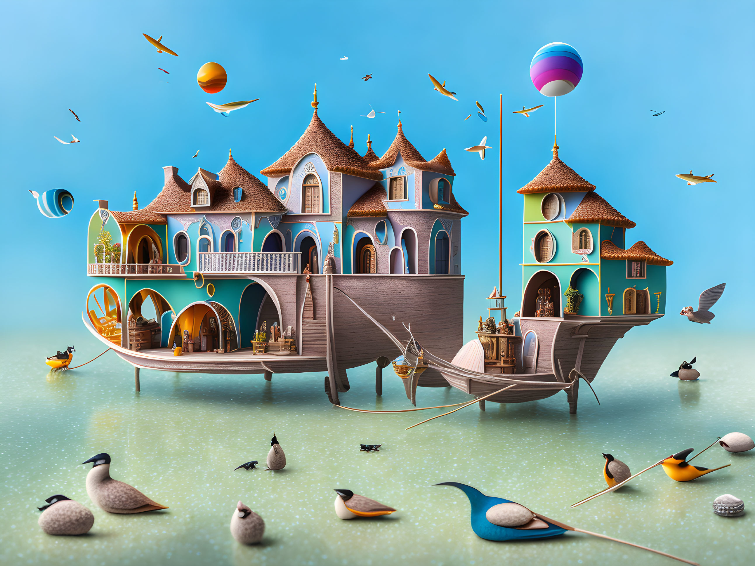 Whimsical ship-house hybrid with multiple roofs and balconies surrounded by birds