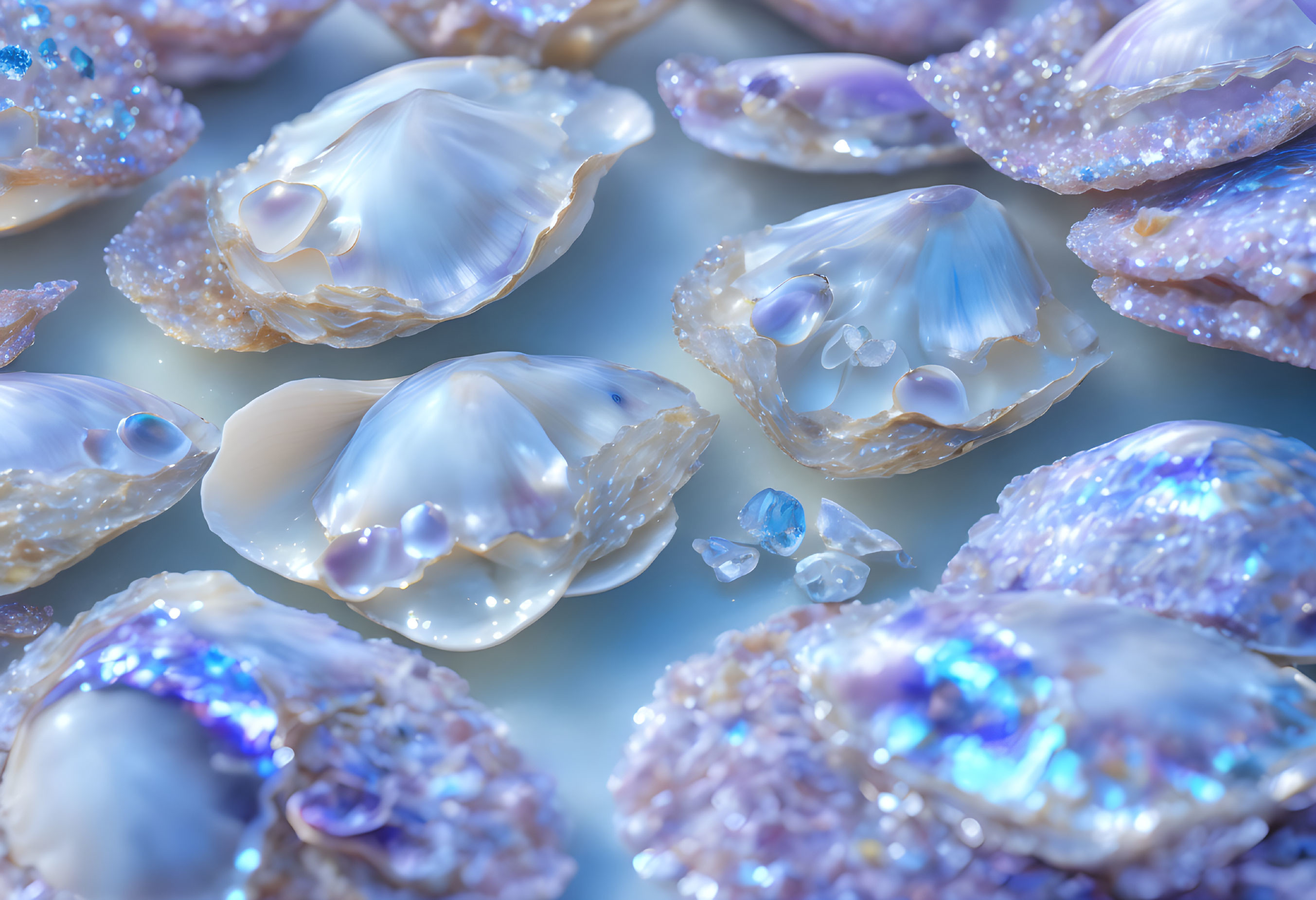 Iridescent Shell Array on Soft Blue Background