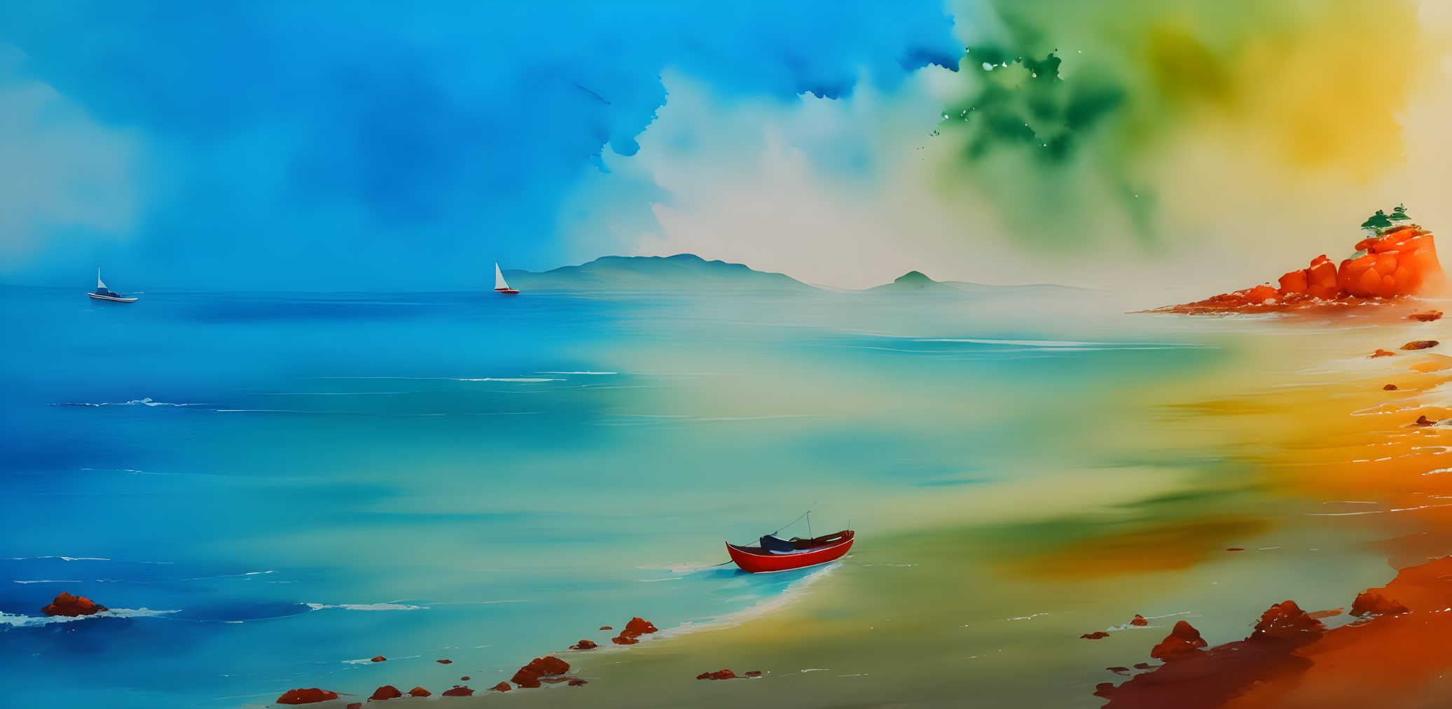 Abstract seascape painting with boats and colorful sky