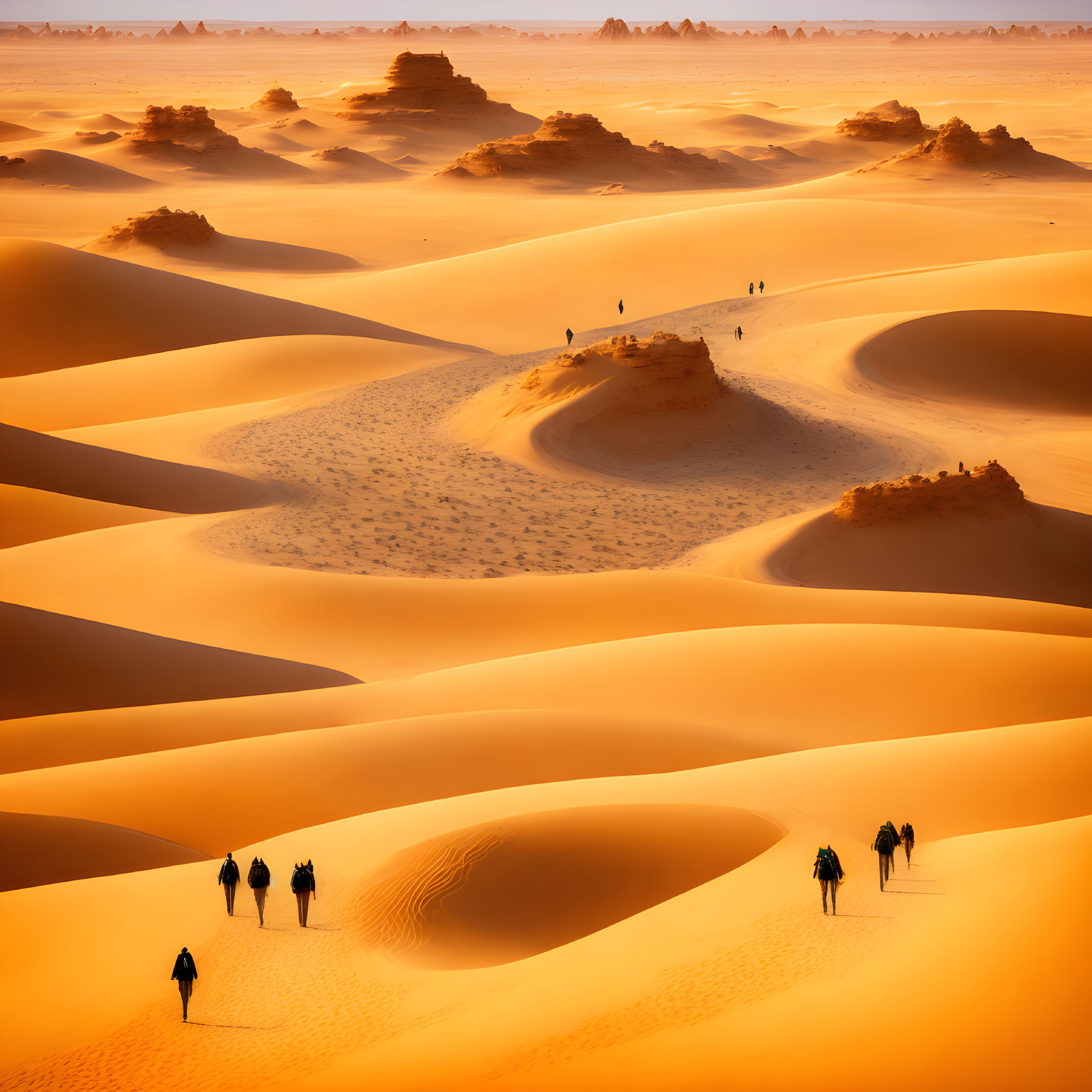 Camel caravan crossing sand dunes in desert landscape