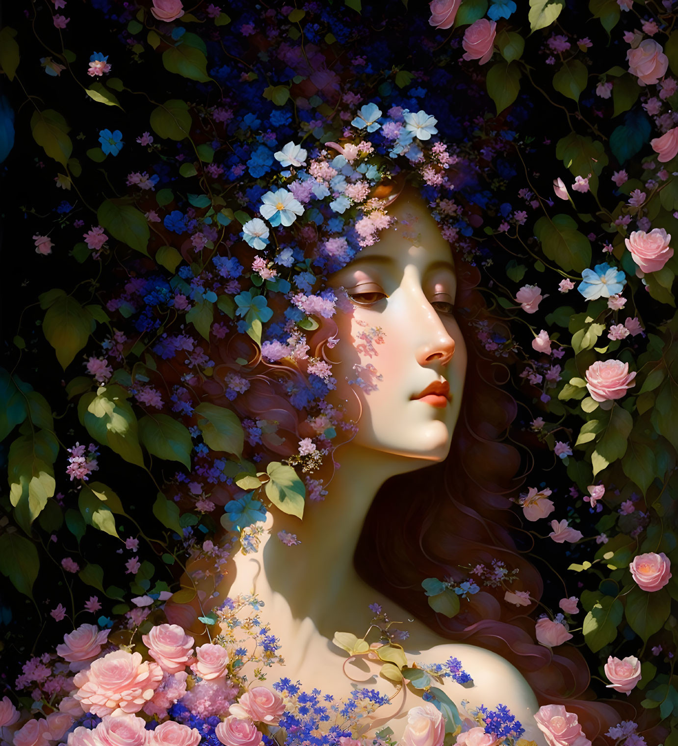 Serene woman surrounded by pink and blue flowers on dark background