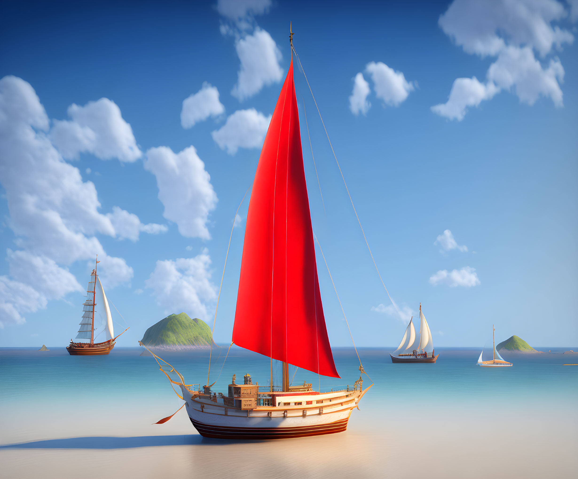 Red-sailed boat on sandy shore under blue skies