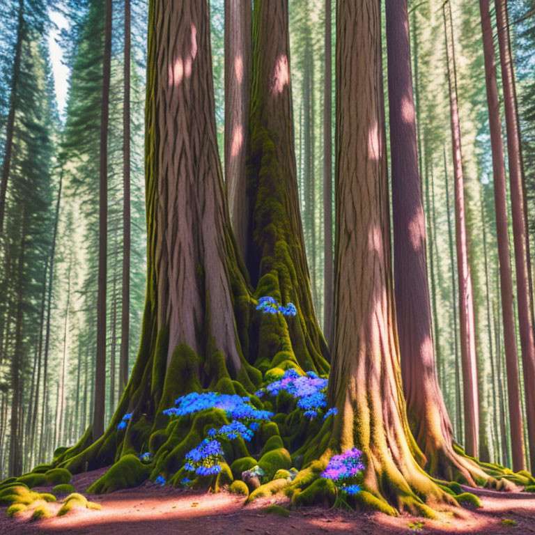 Thick-trunked tree in forest with moss-covered roots and blue flowers under dappled sunlight