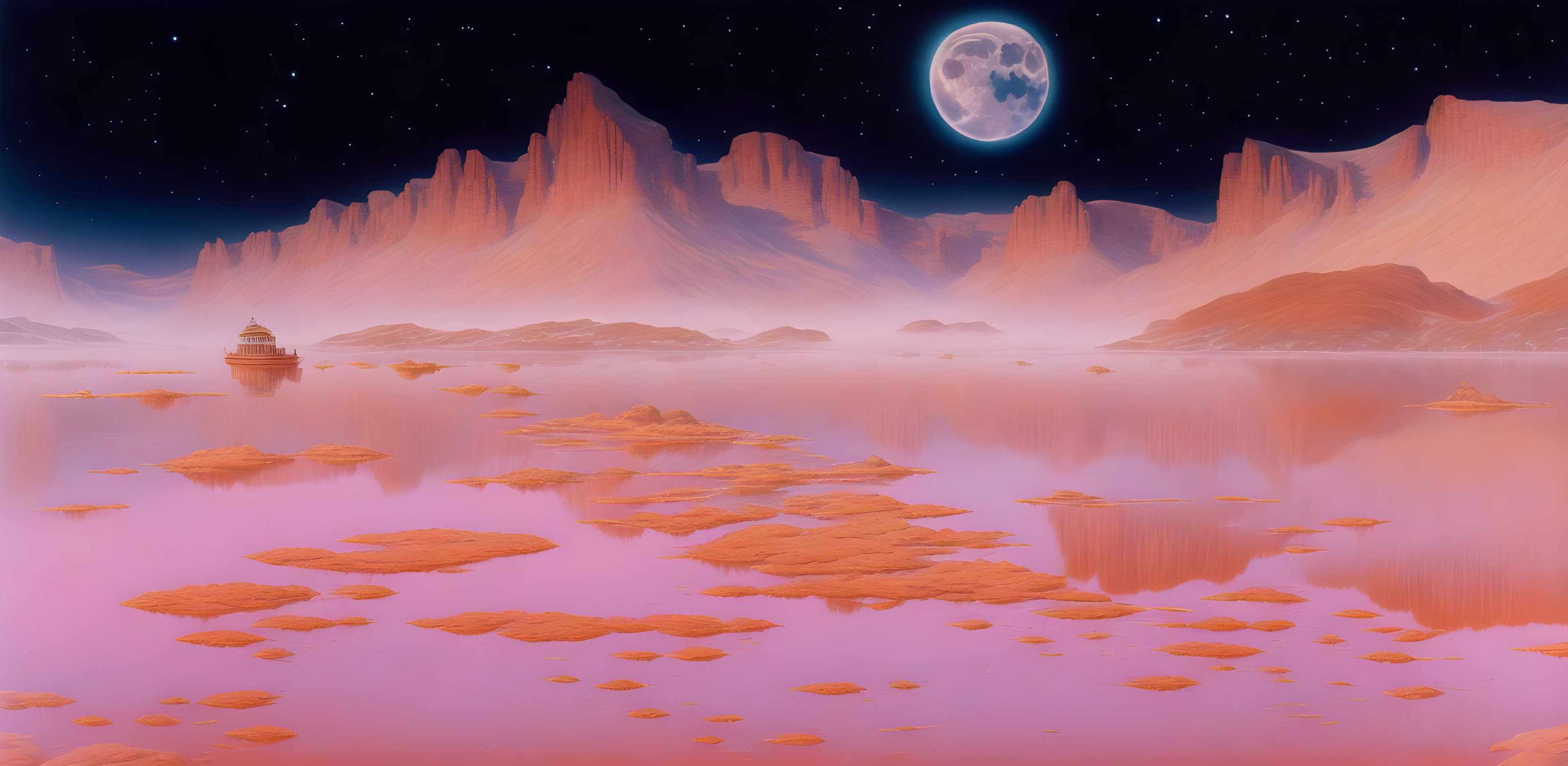 Surreal landscape with pink hues, ship, full moon, and starry skies