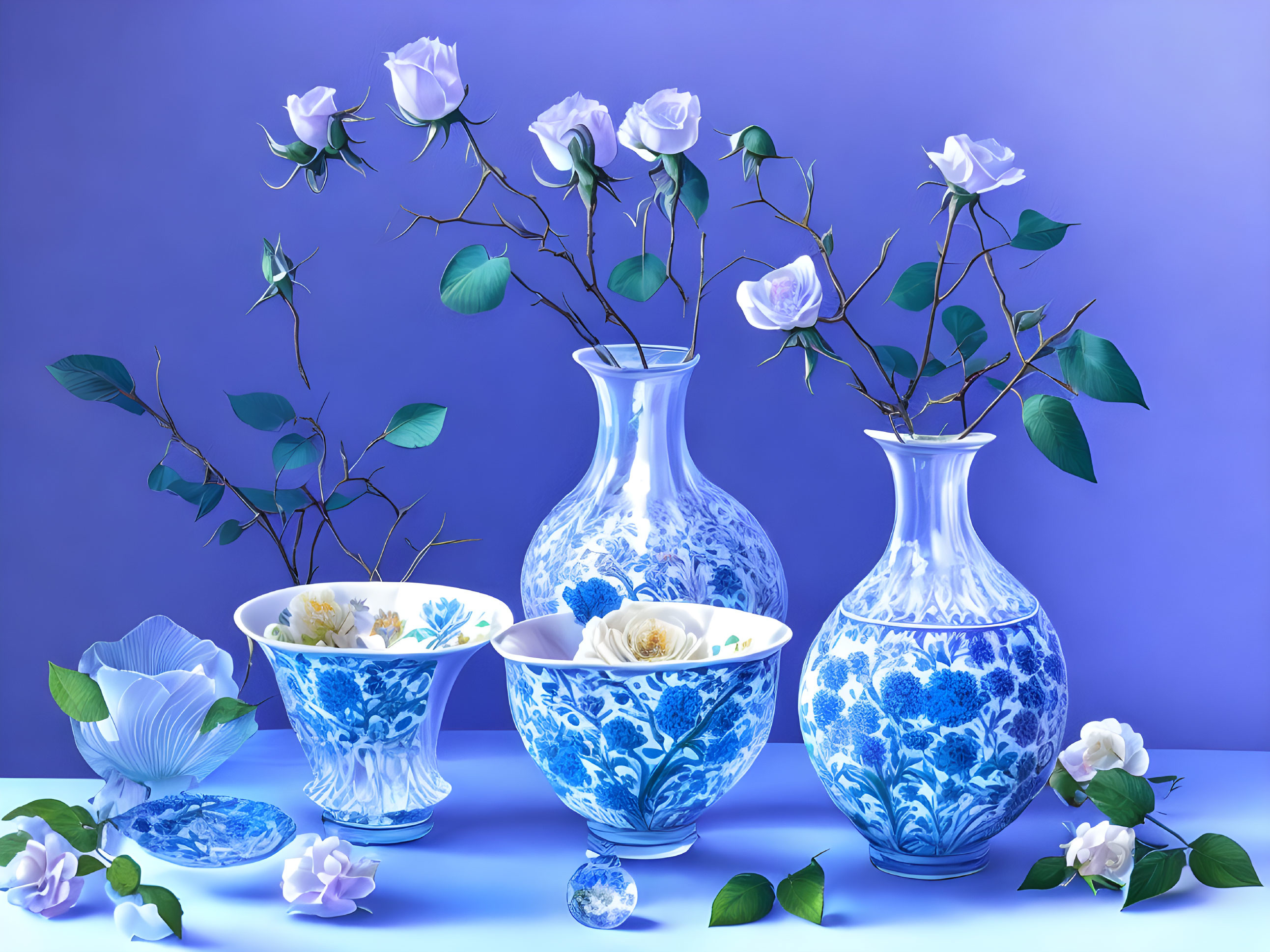 White Roses in Blue and White Ceramics on Purple Background