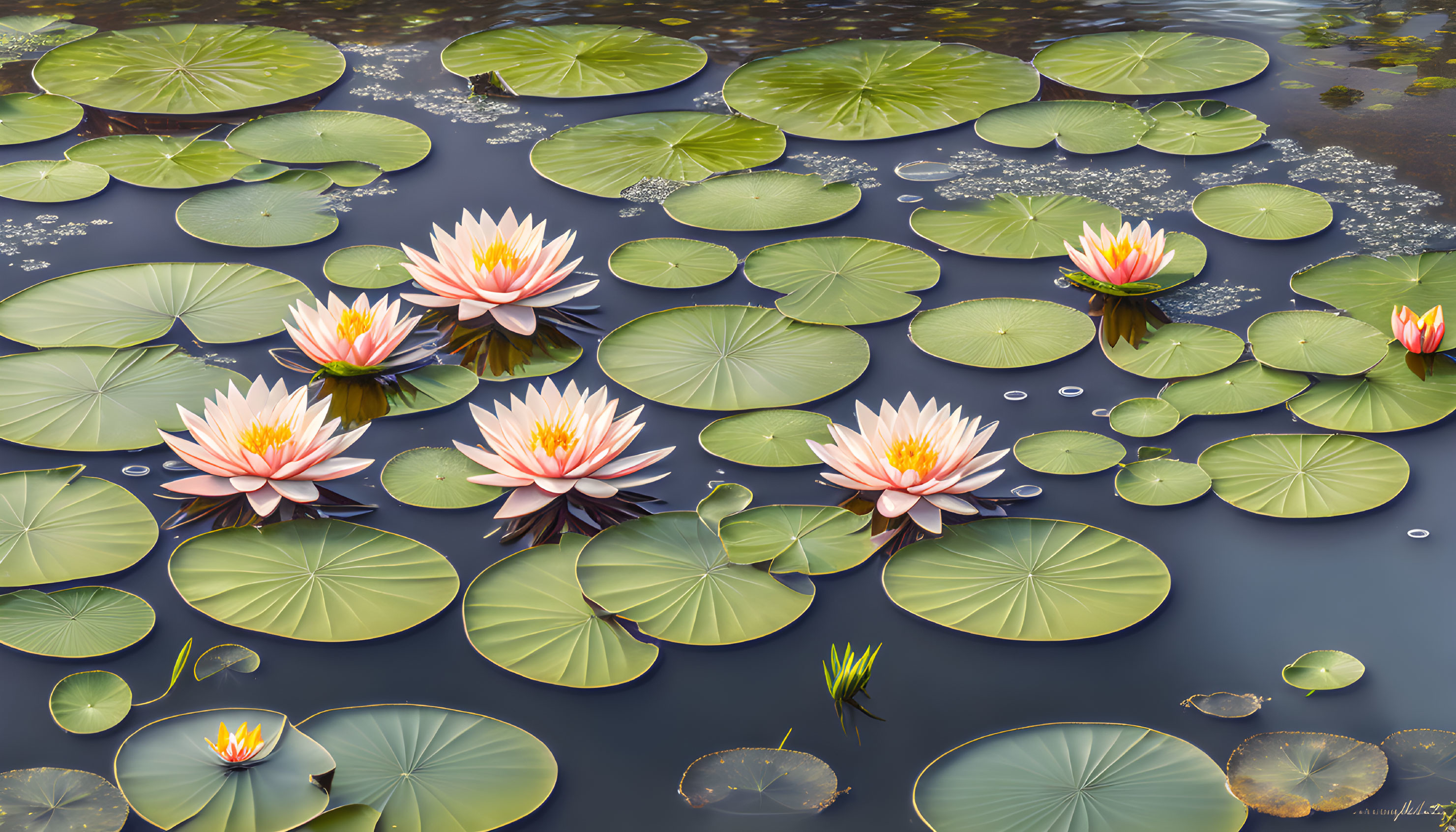 Tranquil pond with blooming water lilies and green lily pads