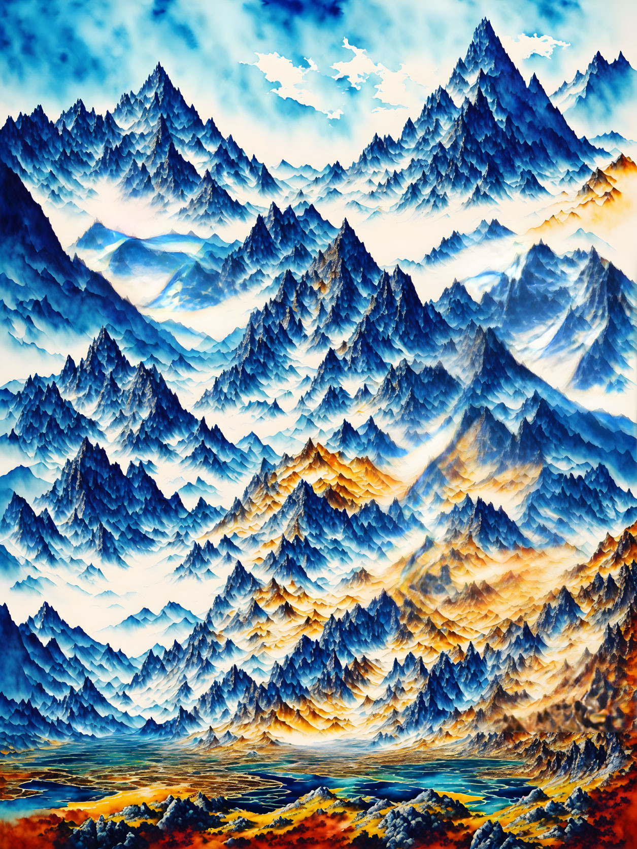 Colorful Mountain Range with Blue and Orange Peaks under Dramatic Sky