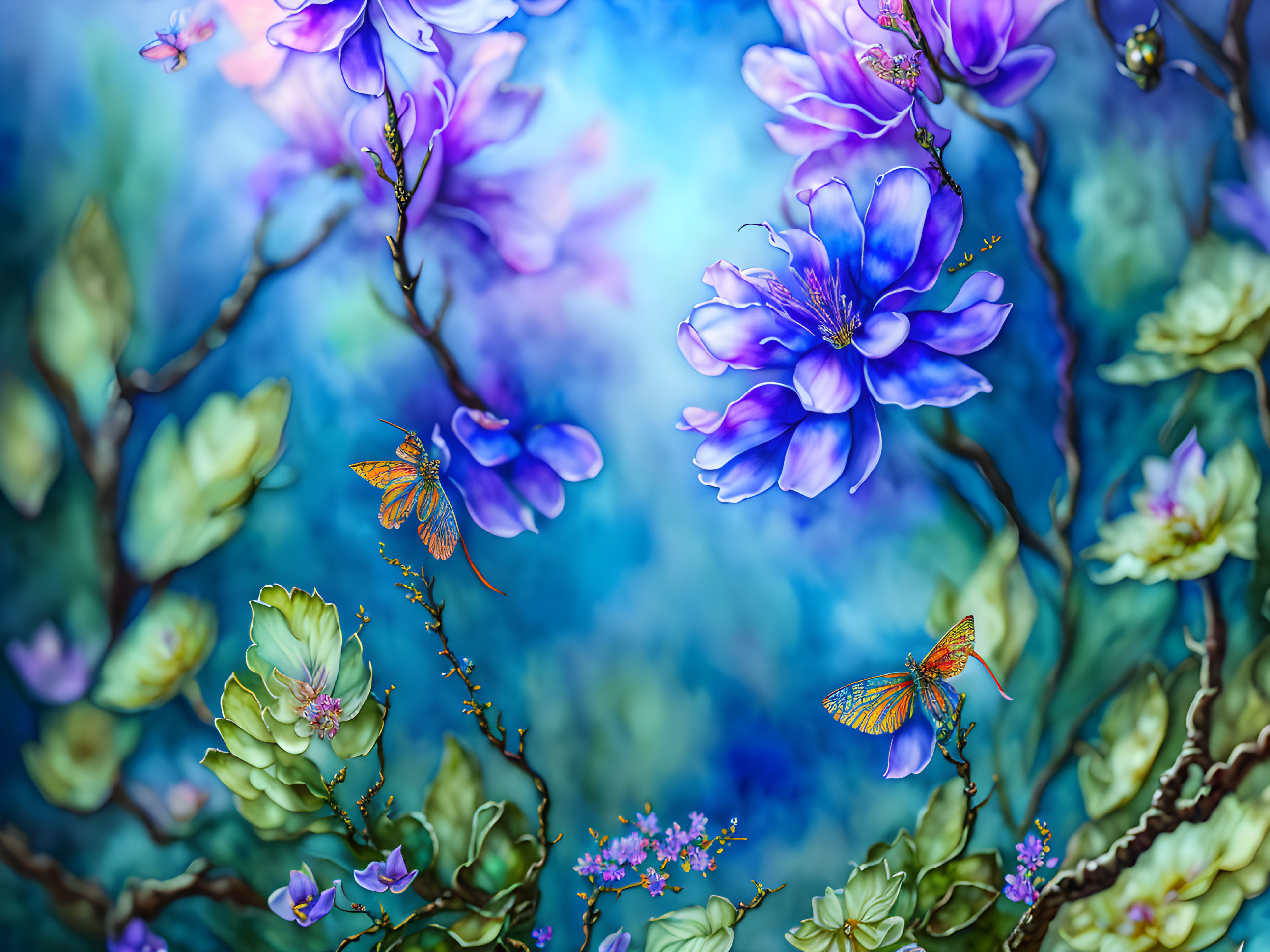 Colorful digital painting: blue-purple flowers, butterflies, foliage on bokeh blue background