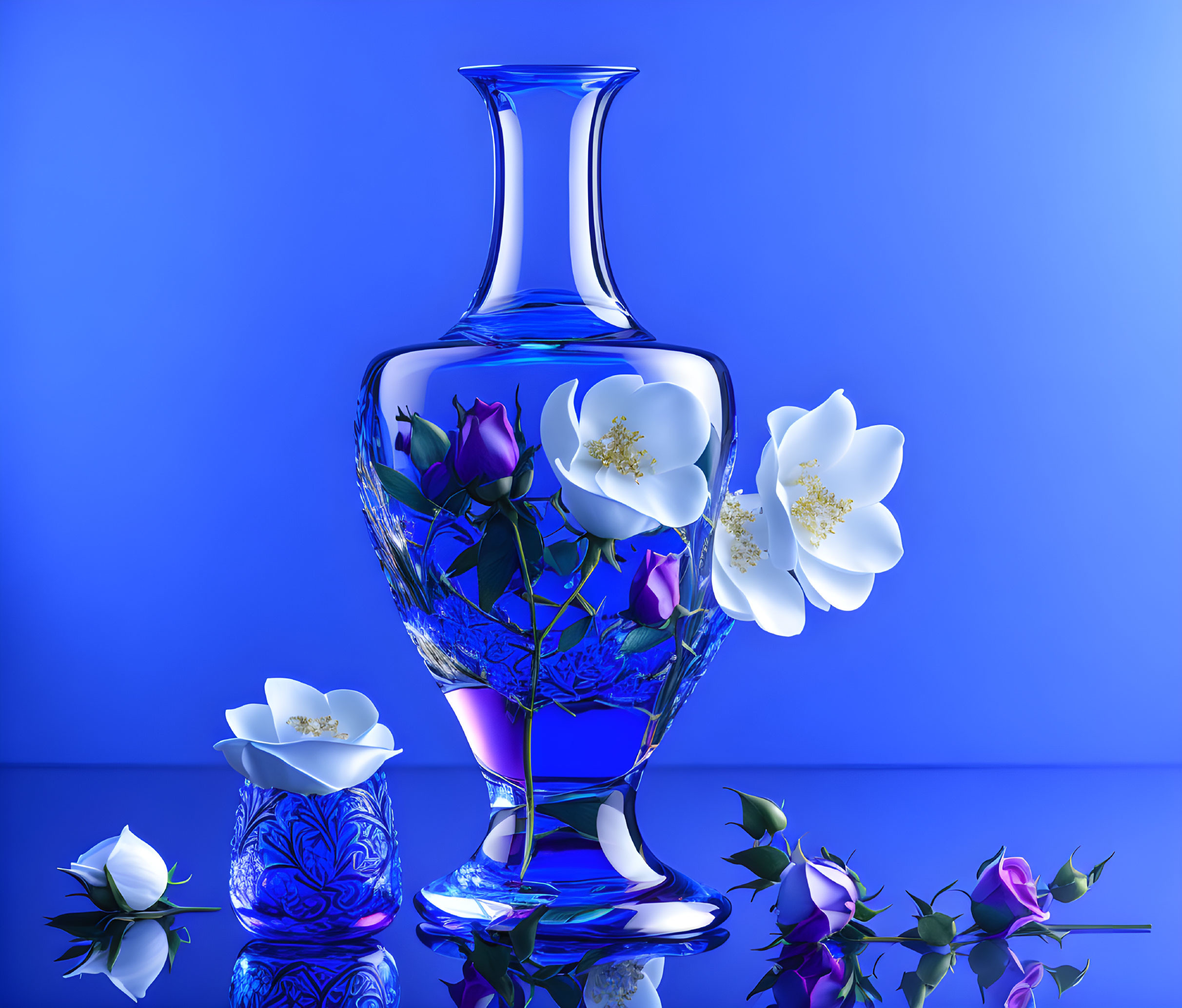 Transparent vase with floral patterns on reflective surface, white flowers and buds, blue background