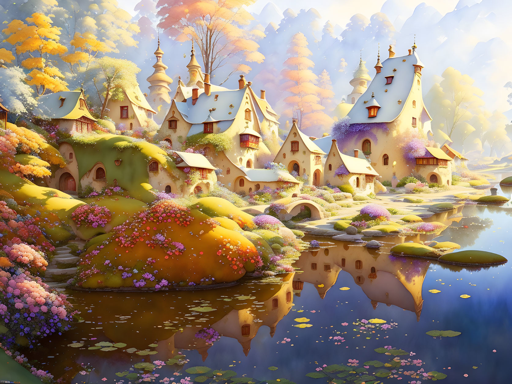 Charming fairytale village in vibrant autumn setting