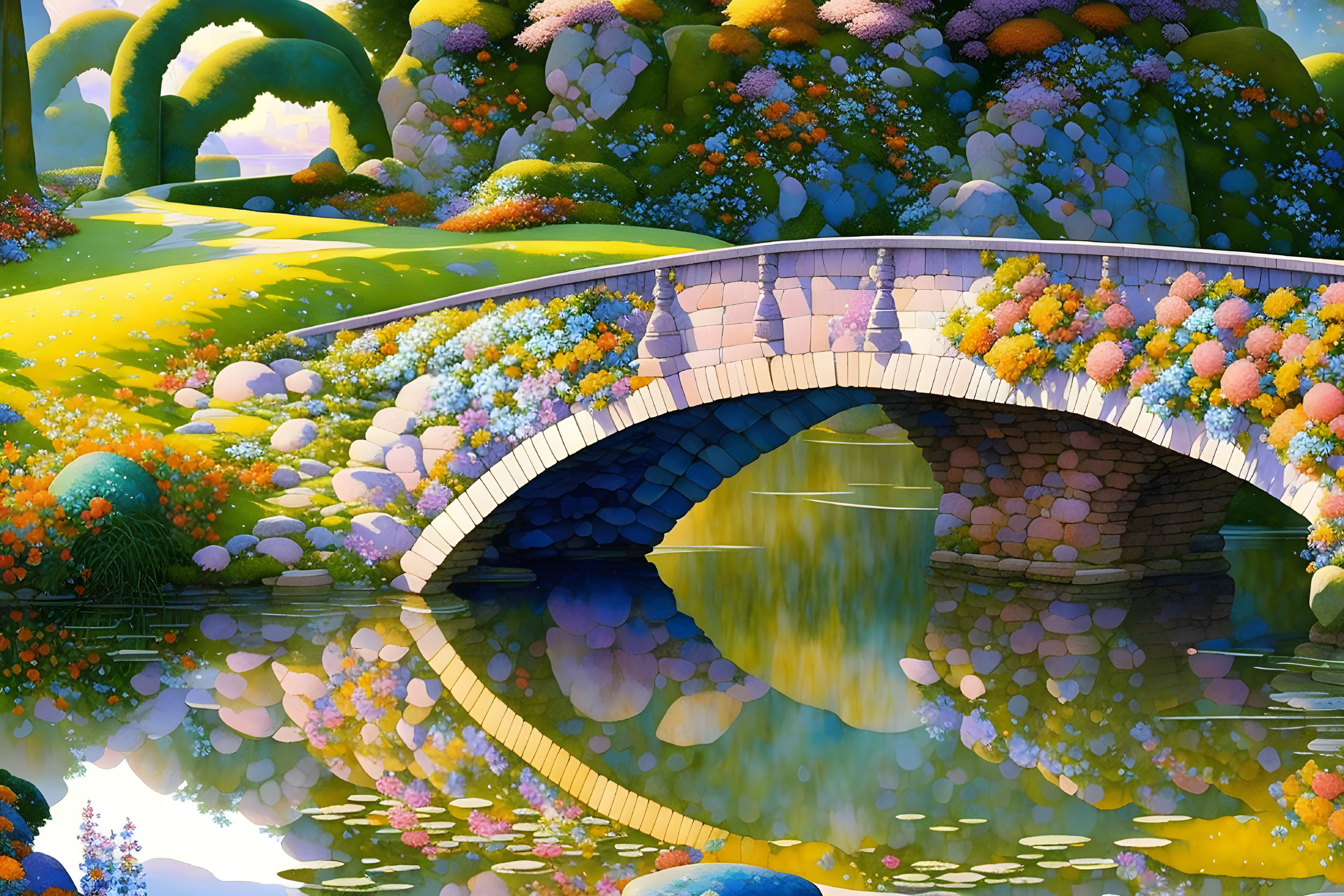 Colorful Landscape with Stone Bridge over Calm River