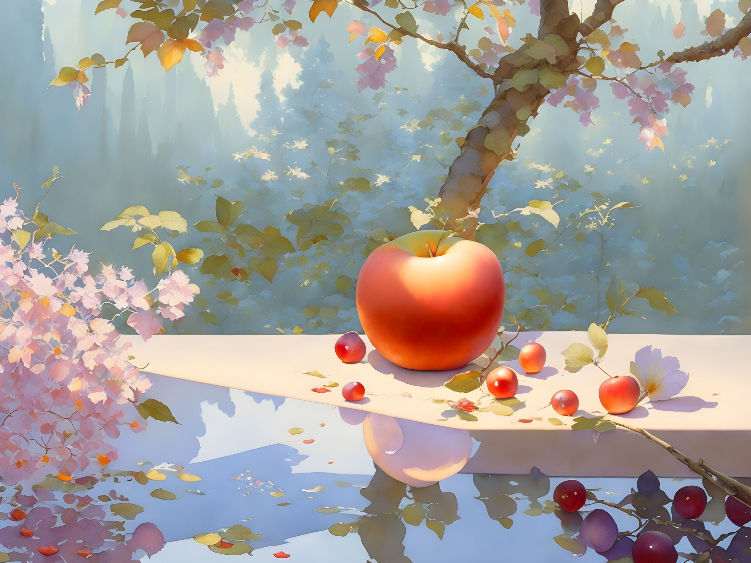 Large and small apples on white surface with flowering trees and petals reflected in water