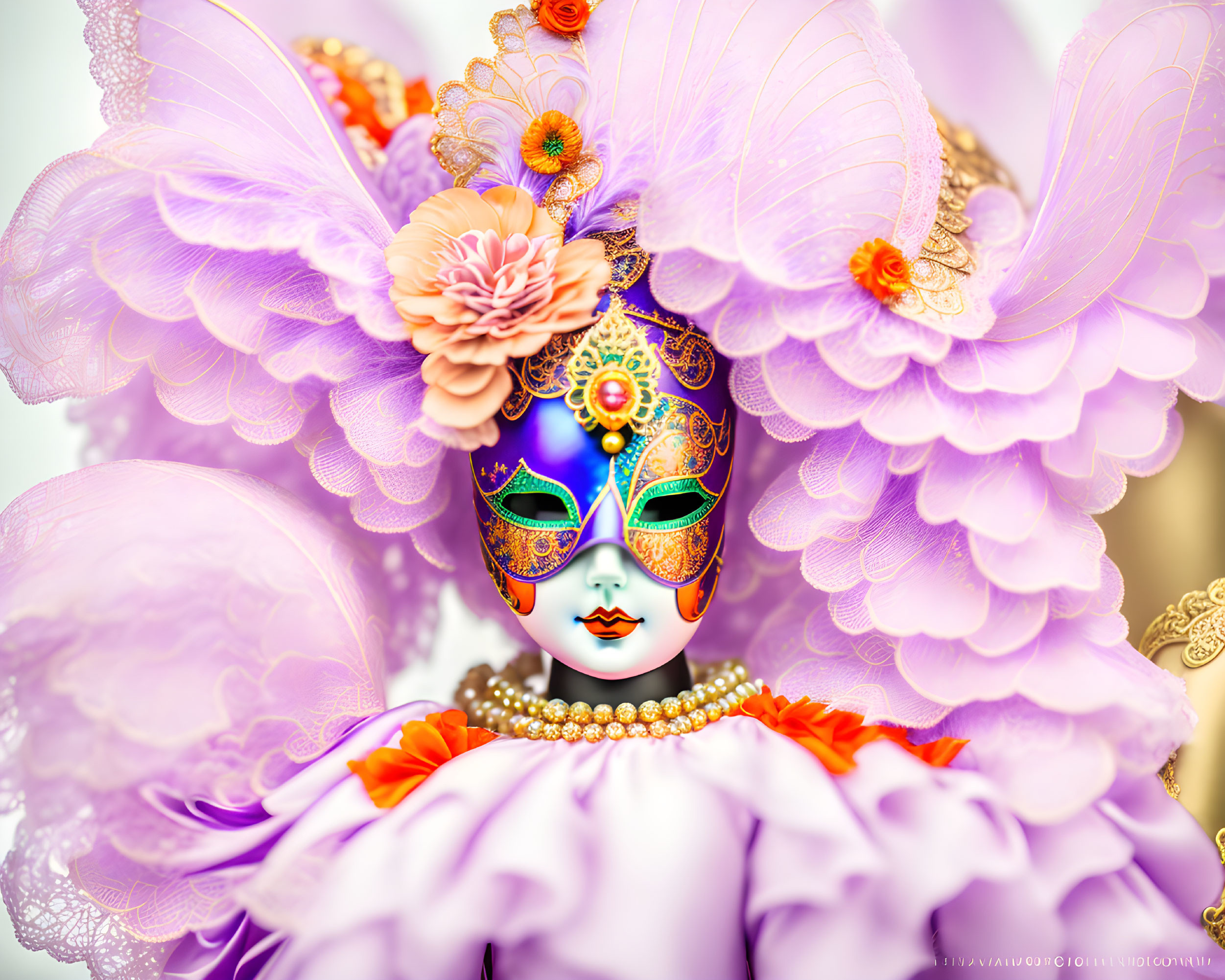 Colorful Venetian mask with purple feathers and gold detailing