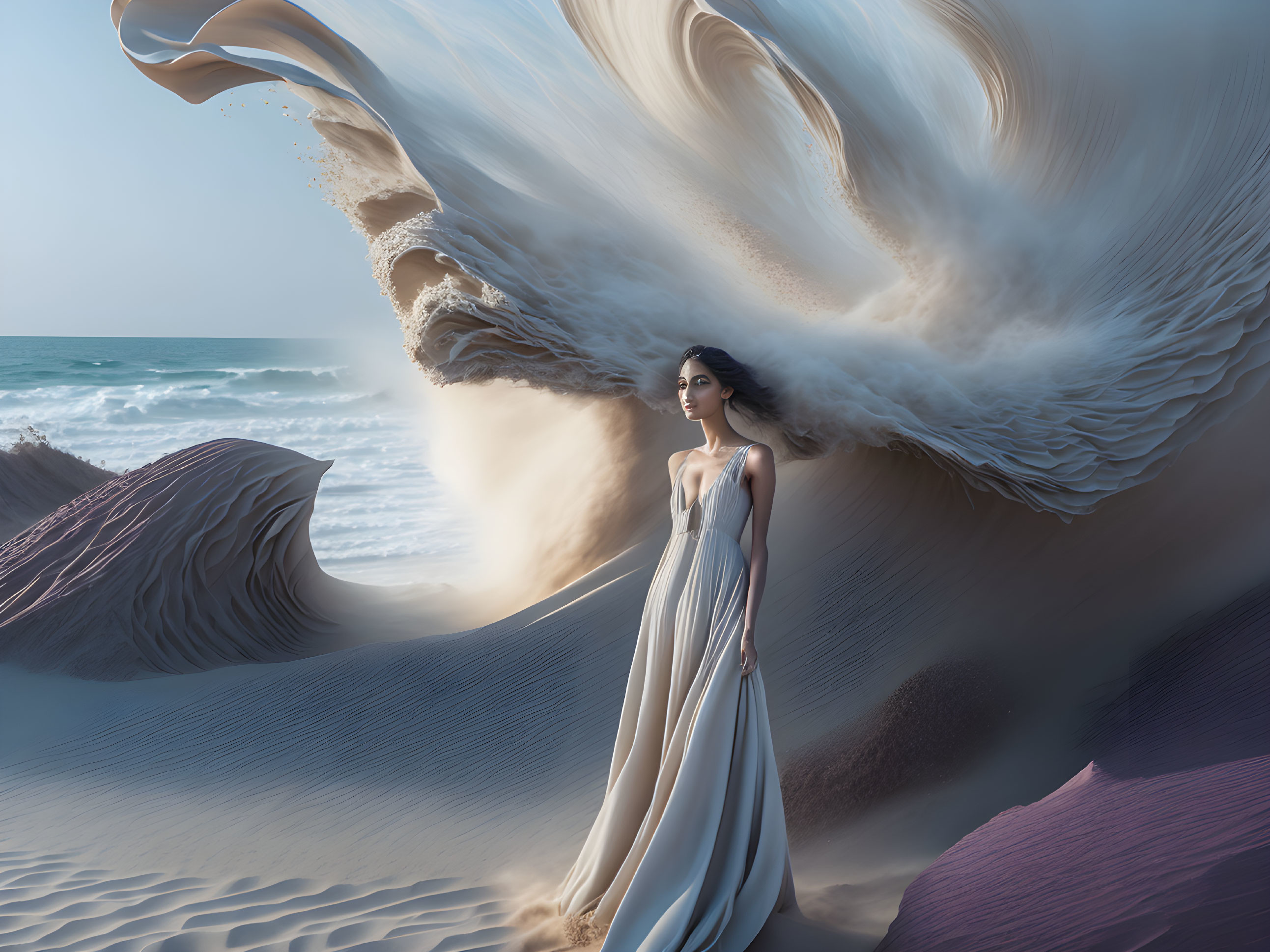 Woman in white dress on sandy beach with surreal wave sculpture