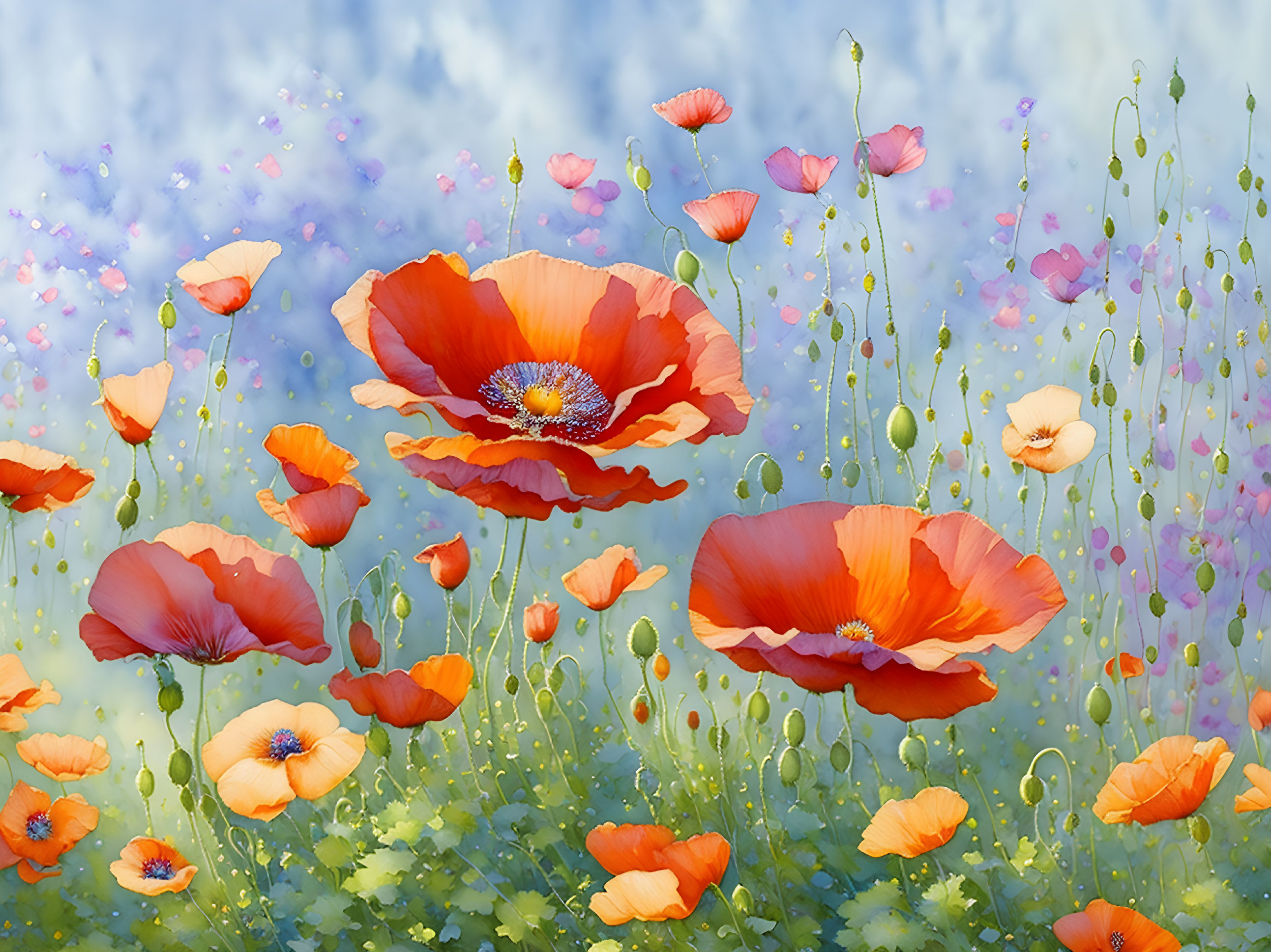 Colorful Poppy Field with Misty Blue Floral Background