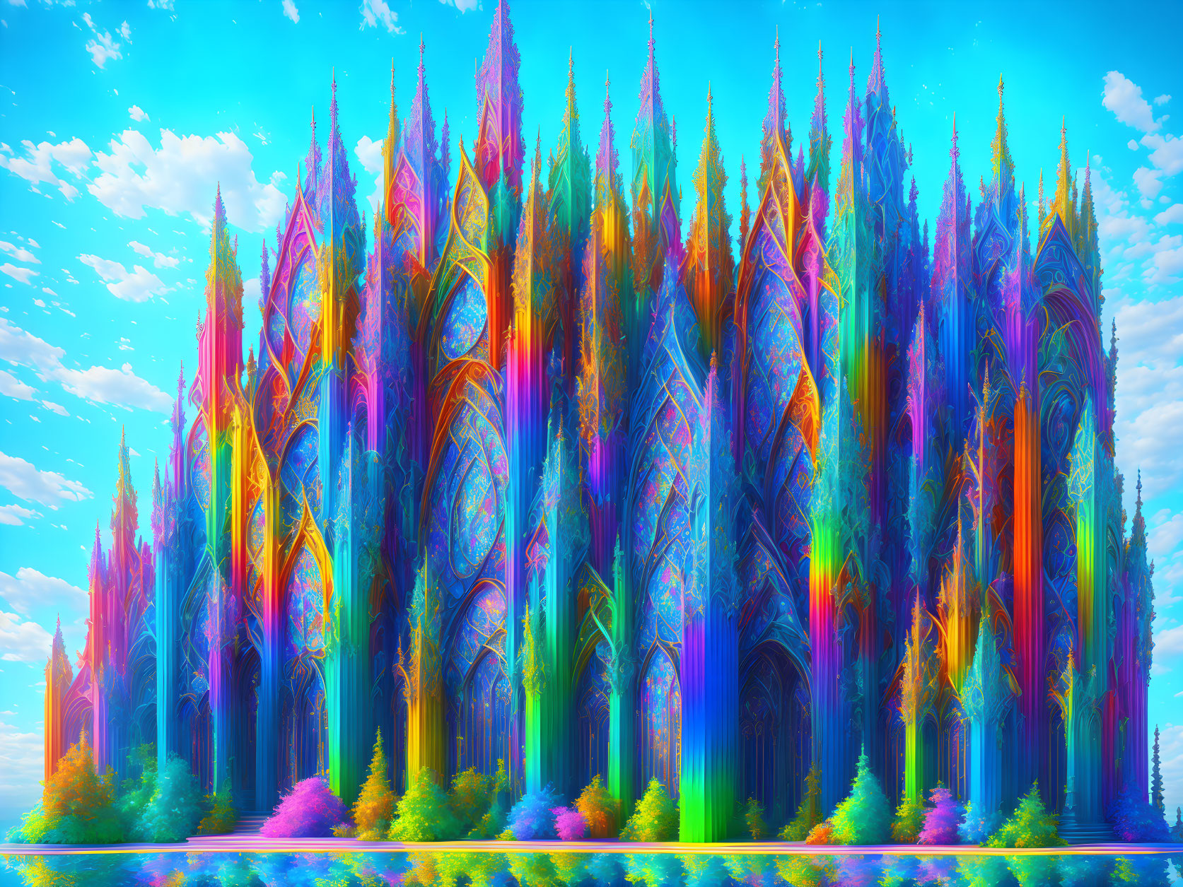 Colorful Illustration of Fantastical Gothic Cathedral