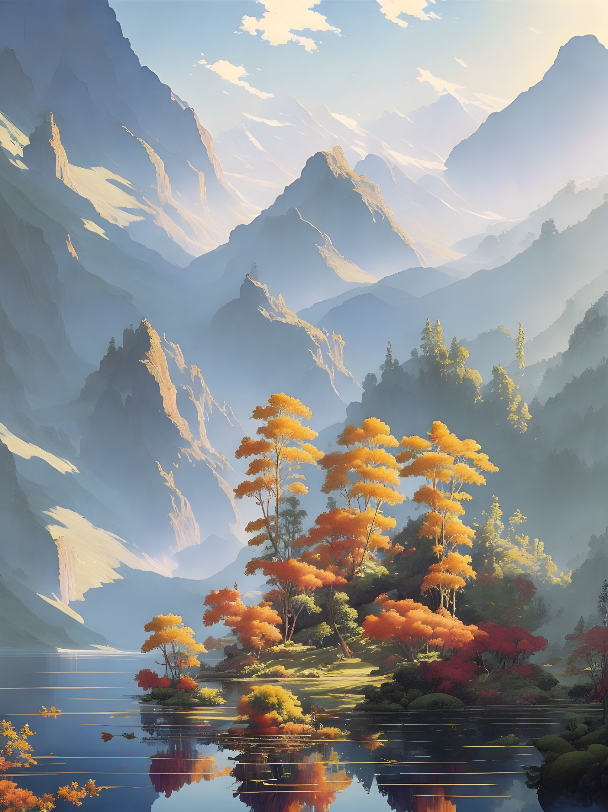 Serene autumn mountain landscape with golden sunlight and misty peaks