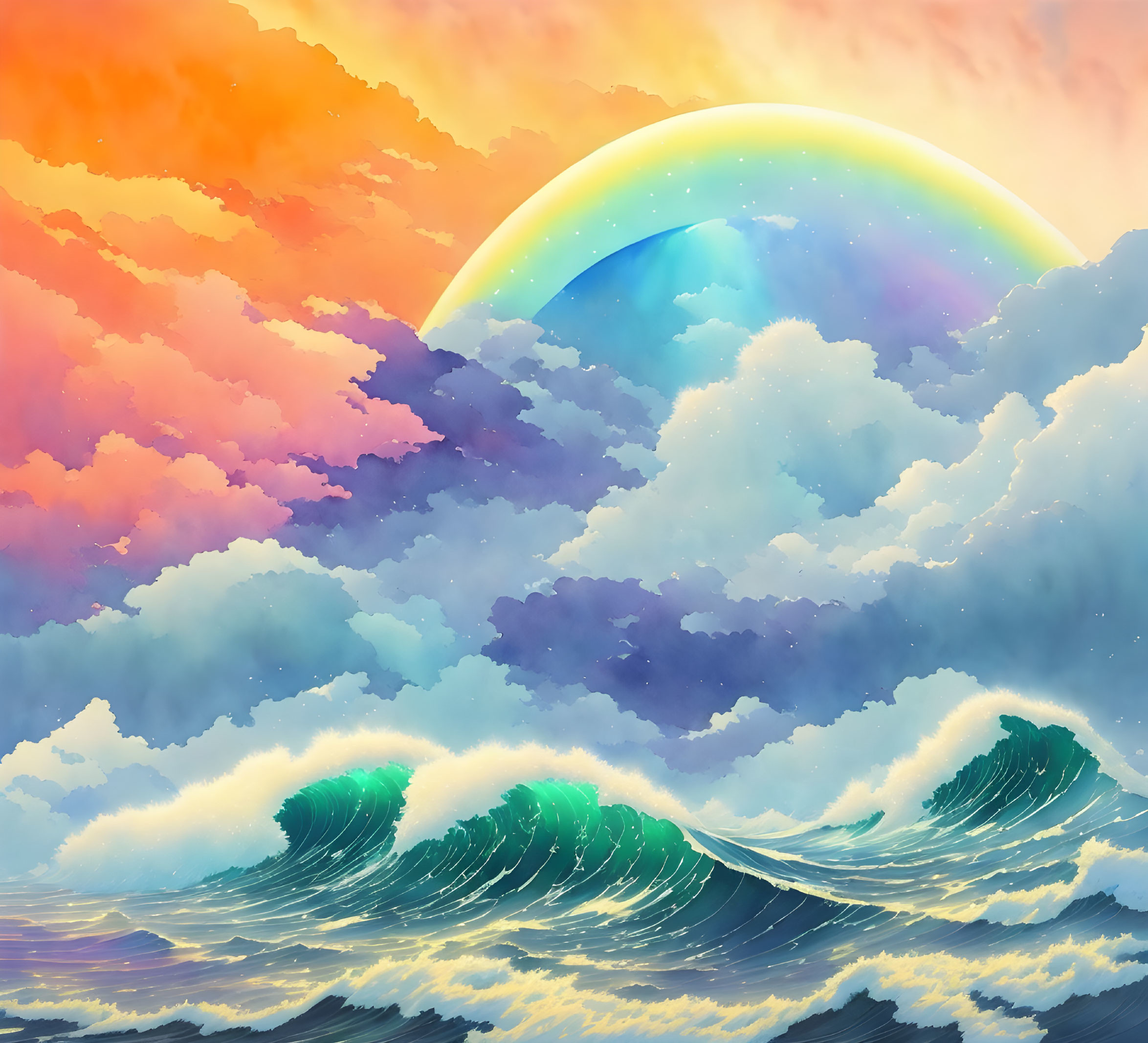 Dramatic seascape with rainbow and turbulent waves