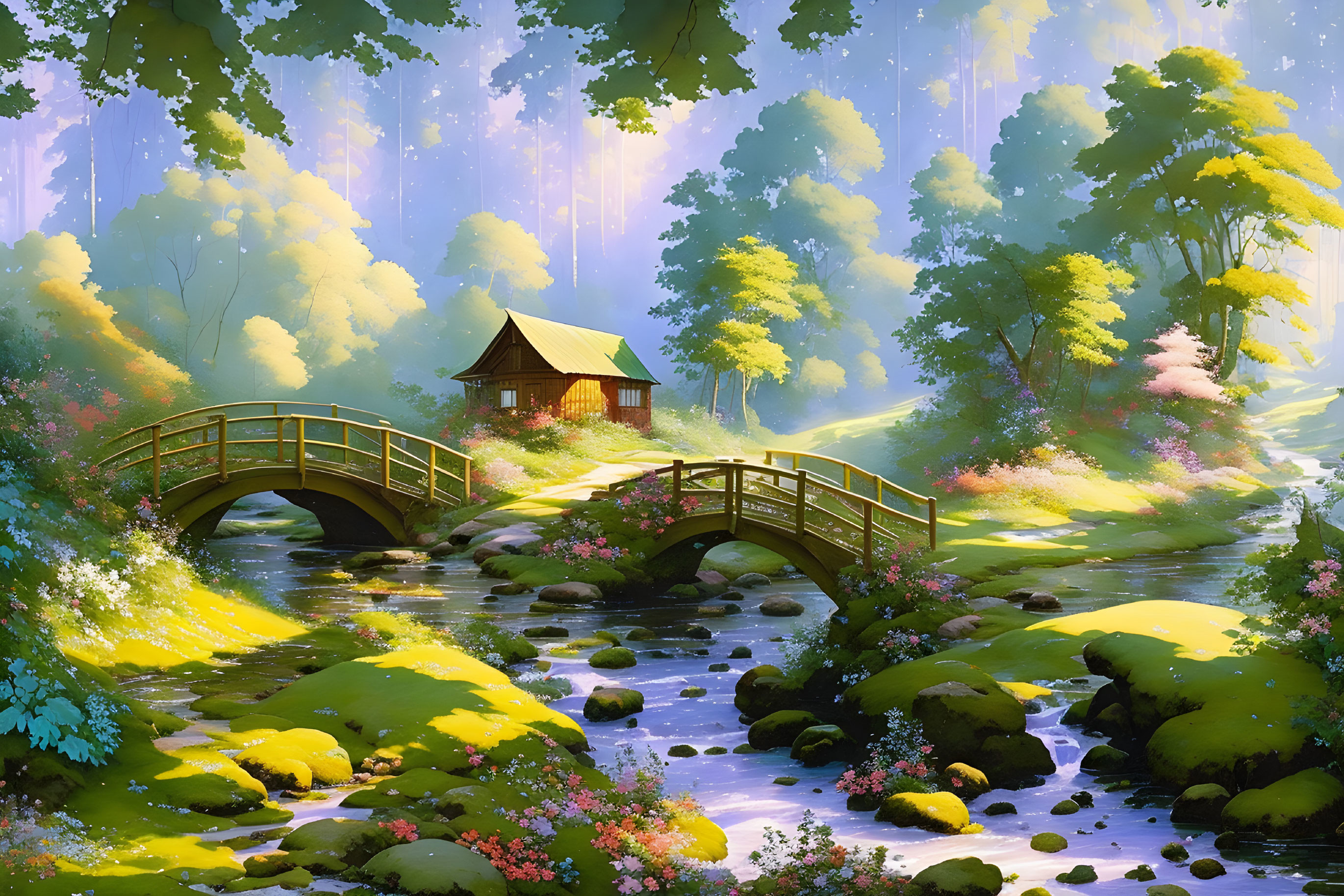 Tranquil Fantasy Forest with Wooden Bridge and Ethereal Light