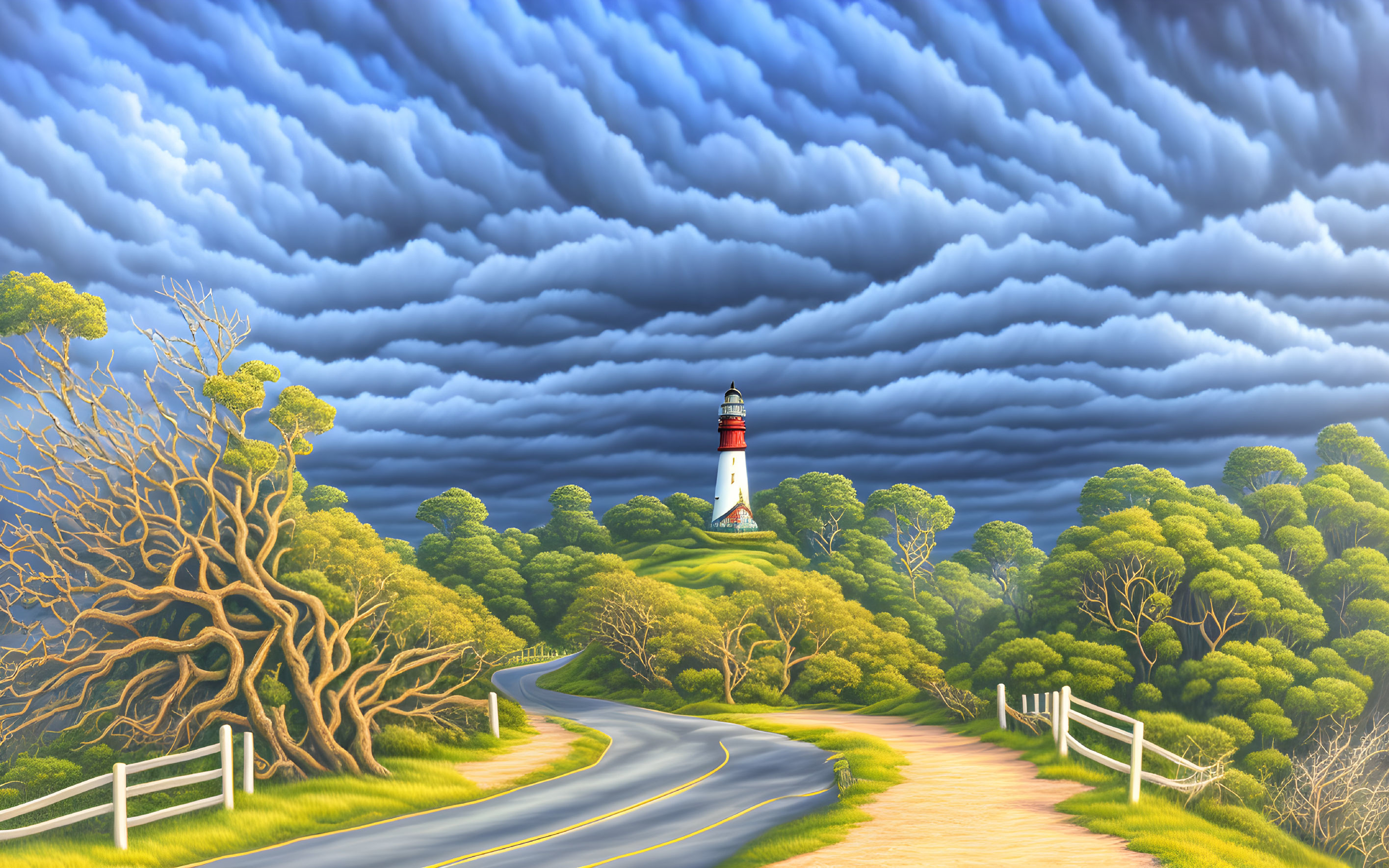 Scenic winding road to hilltop lighthouse under stormy skies