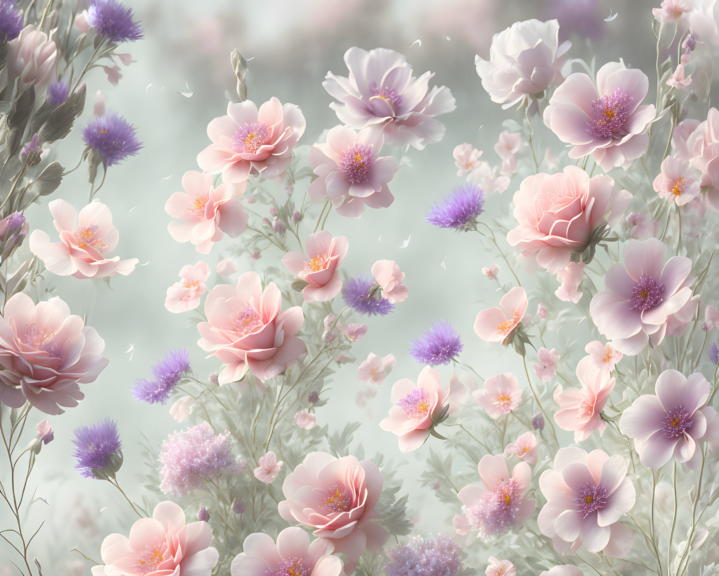 Soft pink and white floral background with delicate purple flowers and misty effect