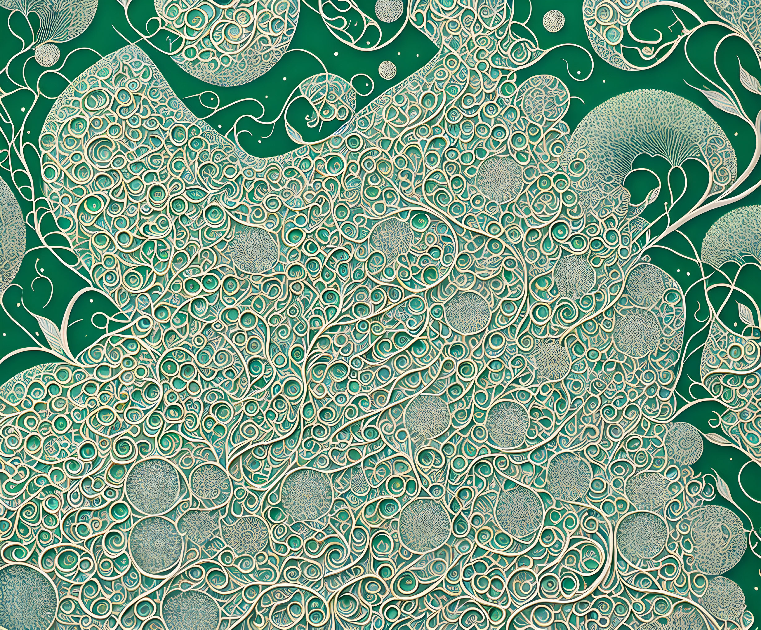 Abstract Green and Cream Swirling Lines and Circles Pattern