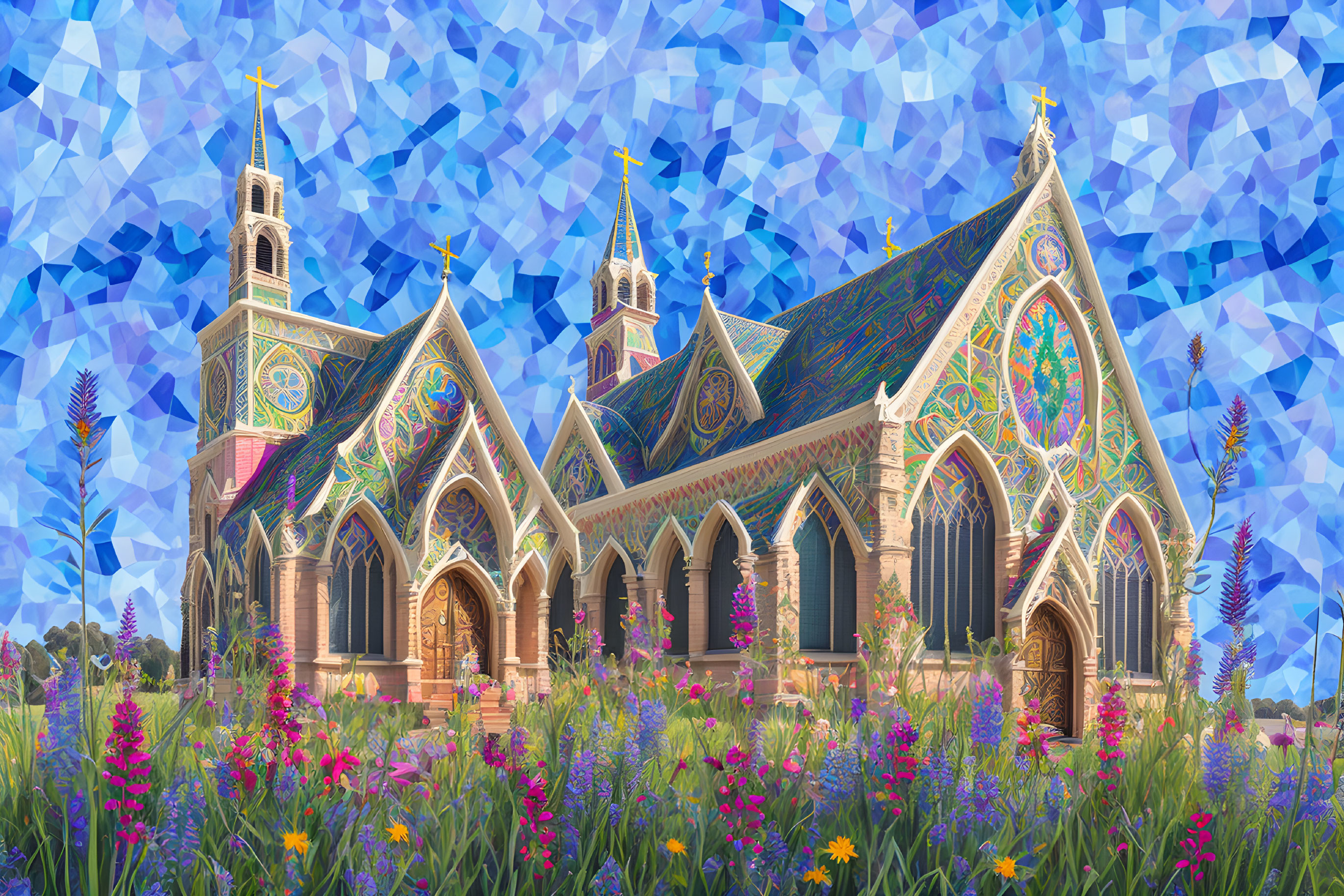 Colorful Gothic-style cathedral in vibrant digital art.