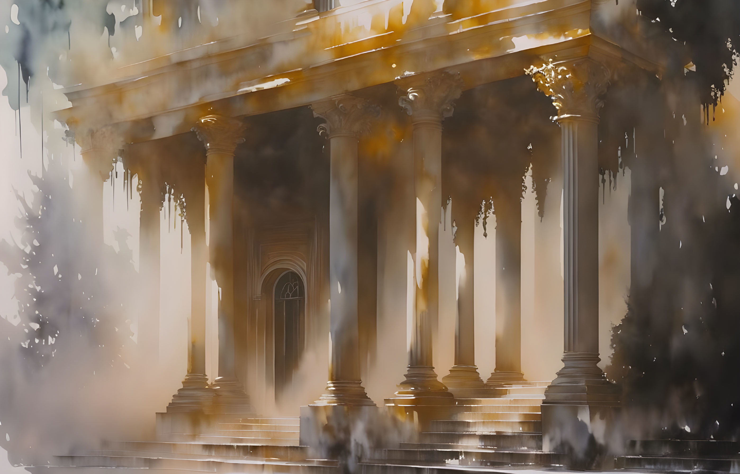 Neoclassical building with glowing columns in dreamy haze