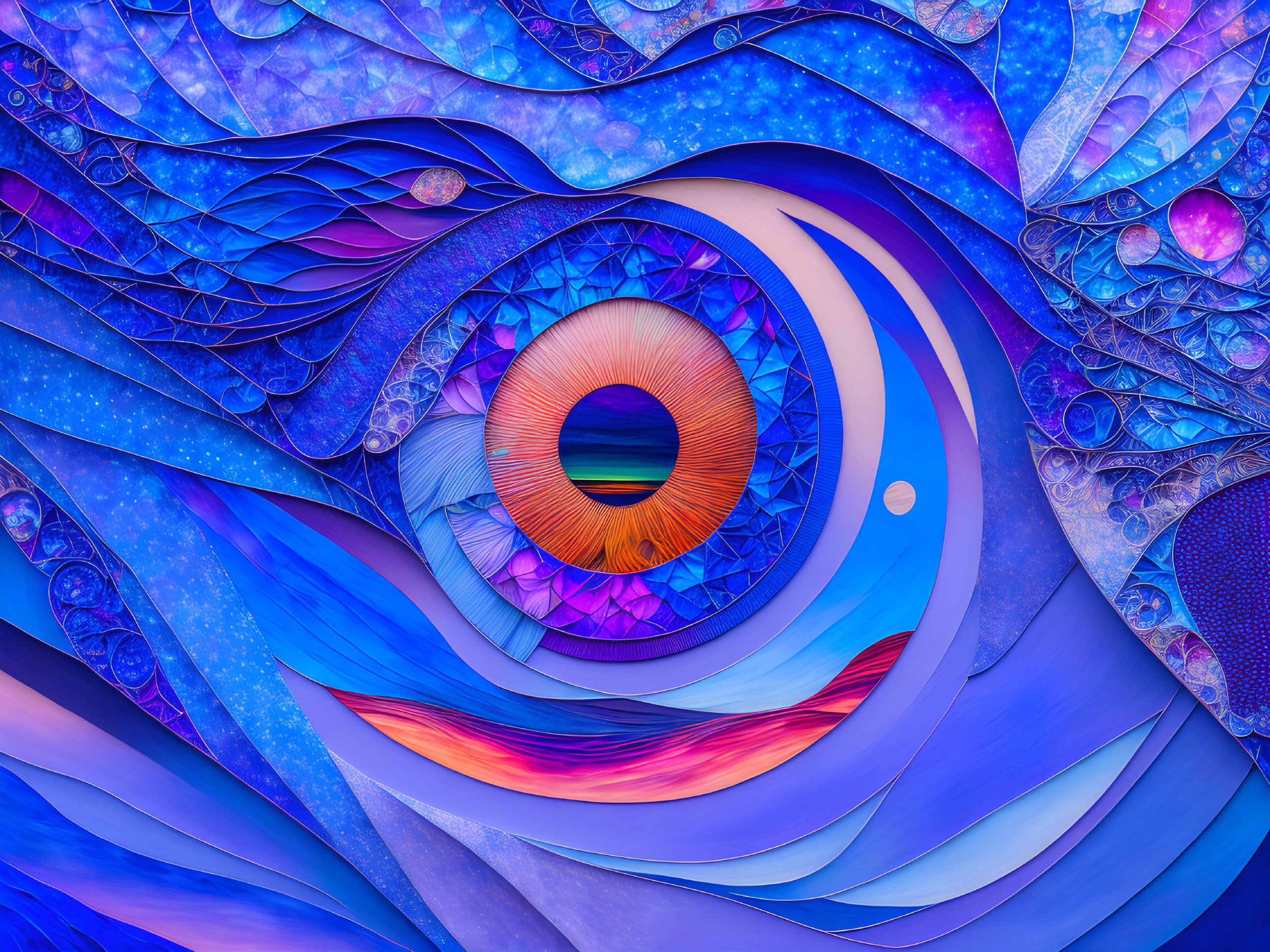 Abstract fractal art with eye center, vibrant blues, purples, hints of orange