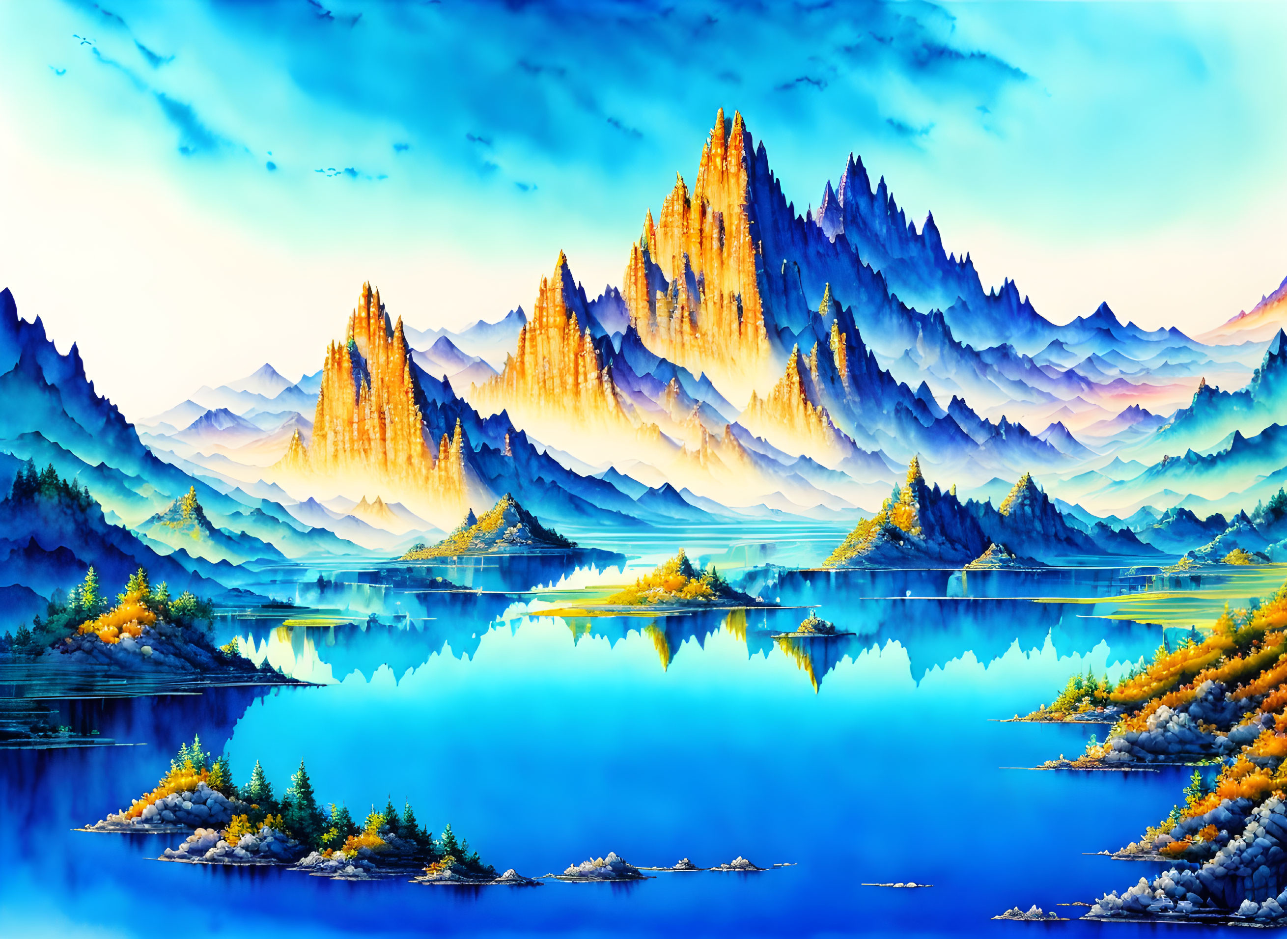 Scenic landscape with sharp mountain peaks, tree-covered islands, and a reflective blue lake