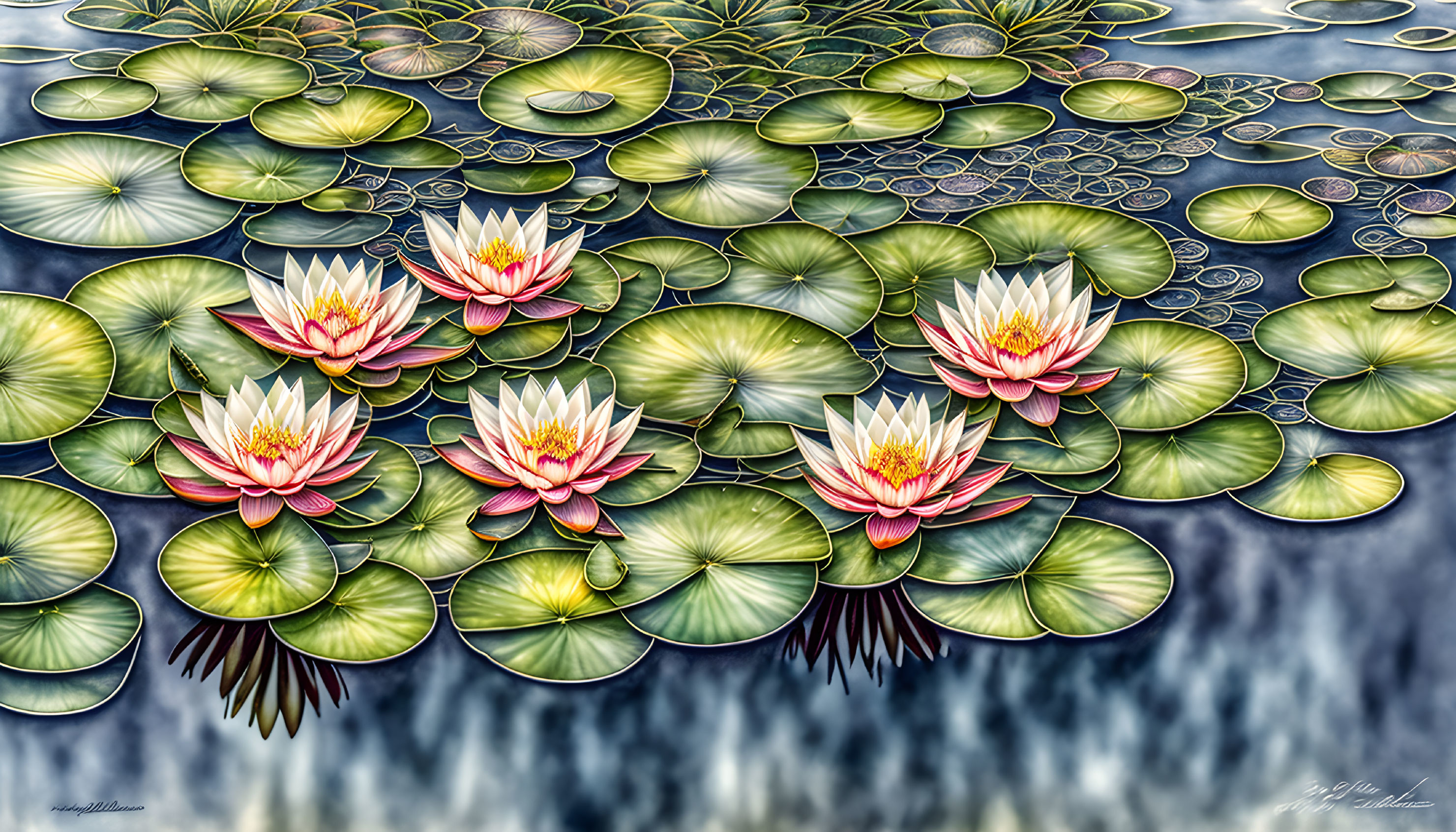 Pink Water Lilies and Green Lily Pads on Tranquil Water Surface